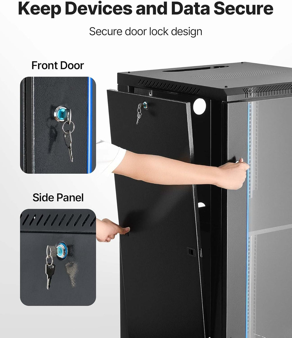 VEVOR 22U Server Rack Cabinet, Network Cabinet Wall Mount, 23.6 in Depth, Network Rack Enclosure with Locking Tempered Glass Door, 4 Casters, Side Panels, for 19'' IT Equipment, A/V Devices