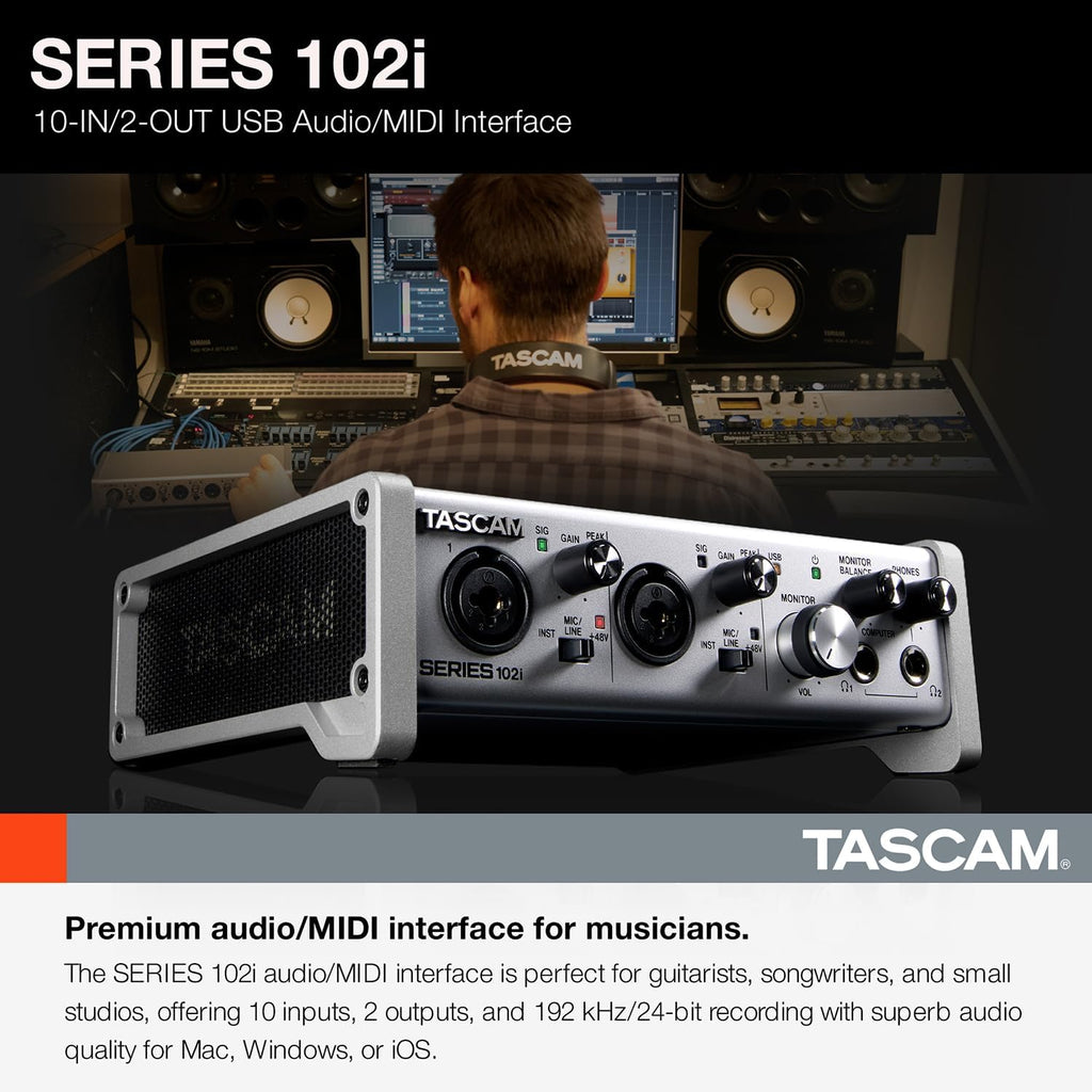 Tascam SERIES 102i 10 IN/2 OUT USB Audio Interface with MIDI, DAW Recording Software for Songwriting, Podcasting, Recording,Silver