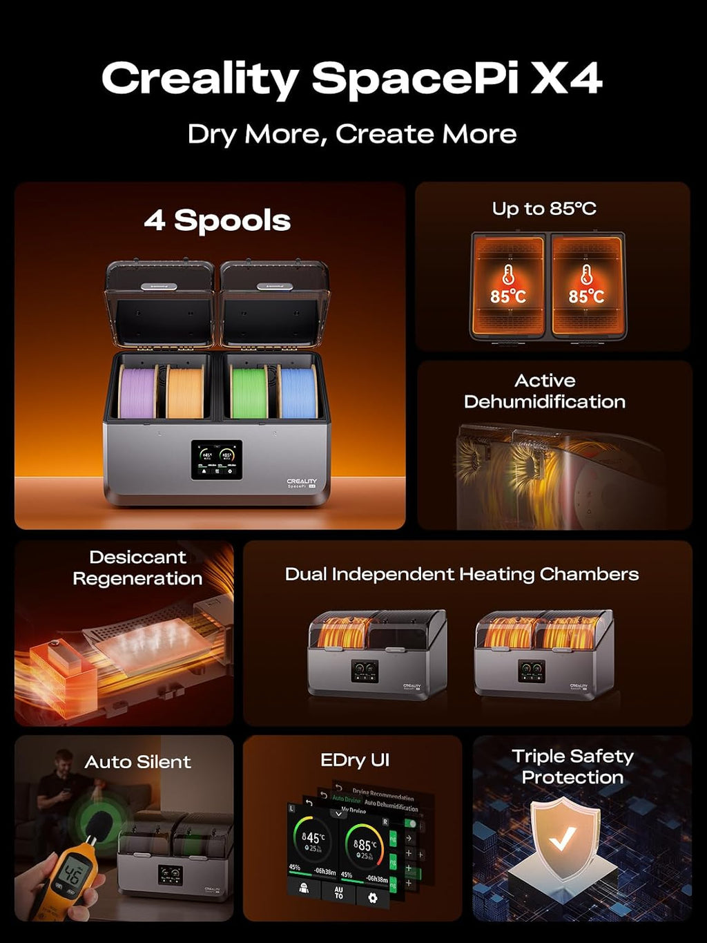 Creality Filament Dryer Box 4 Spools, Space Pi X4 Filament Storage Box, 200W PTC Heats Up to 85°C, Dual Heating Chambers, Fast Drying & Moisture-Free Storage, for PLA, PETG, TPU, ABS