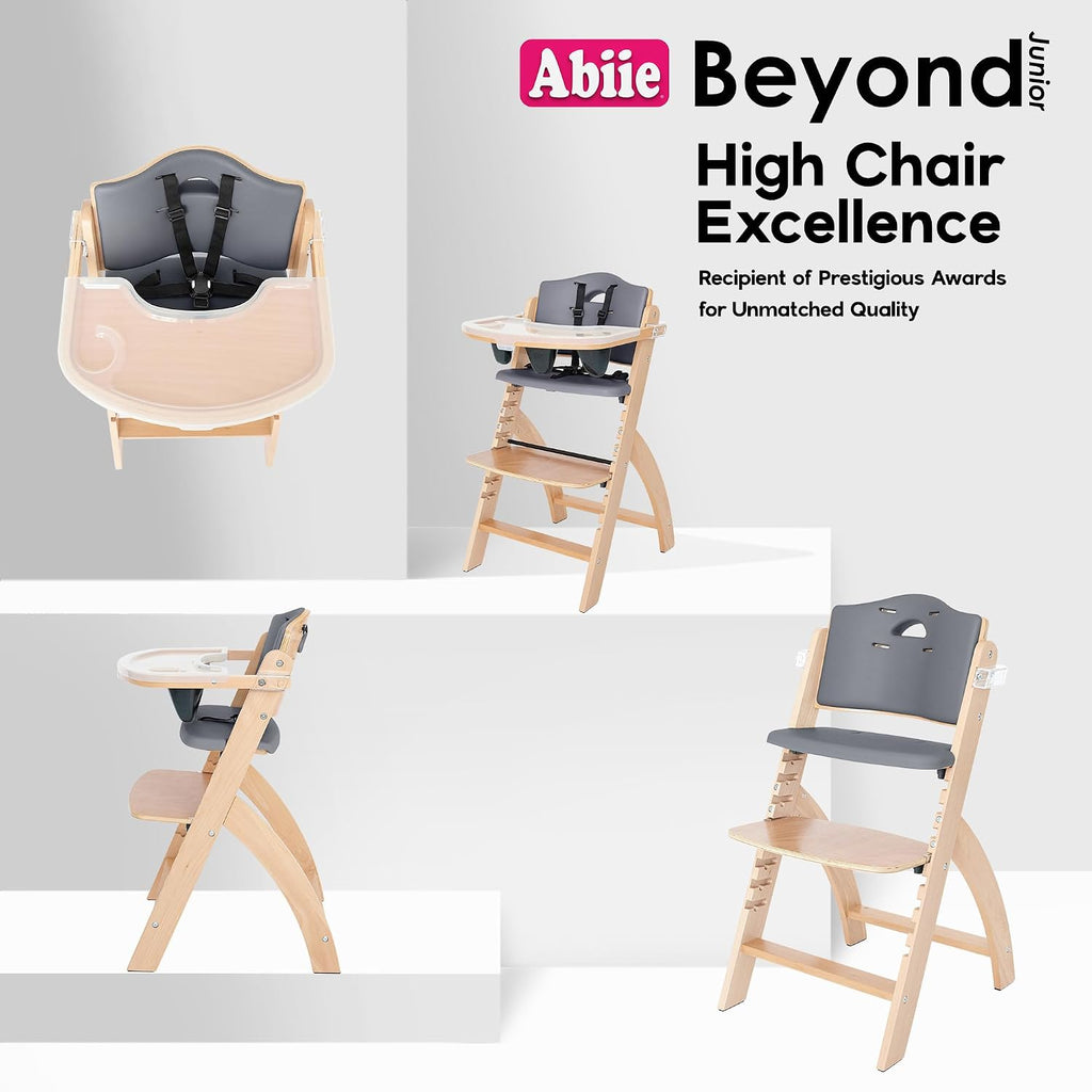 Abiie Beyond Junior Wooden High Chair for Babies and Toddlers - Convertible 3-in-1 Baby Highchair with Removable Tray - 6 Months to 250 Lb - Water Resistant - Natural Wood with Dark Grey Cushion