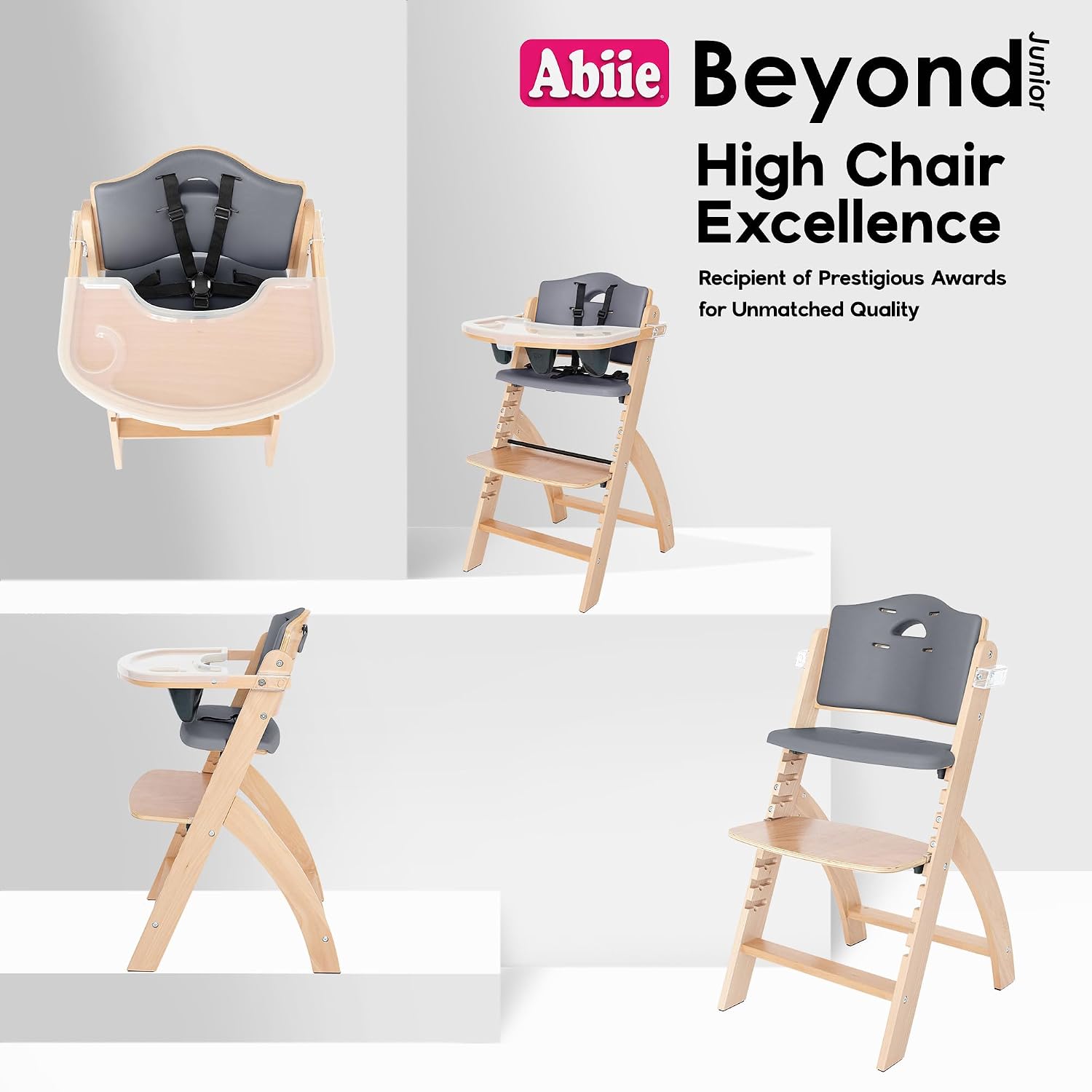 Abiie Beyond Junior Wooden High Chair for Babies and Toddlers - Convertible 3-in-1 Baby Highchair with Removable Tray - 6 Months to 250 Lb - Water Resistant - Natural Wood with Dark Grey Cushion