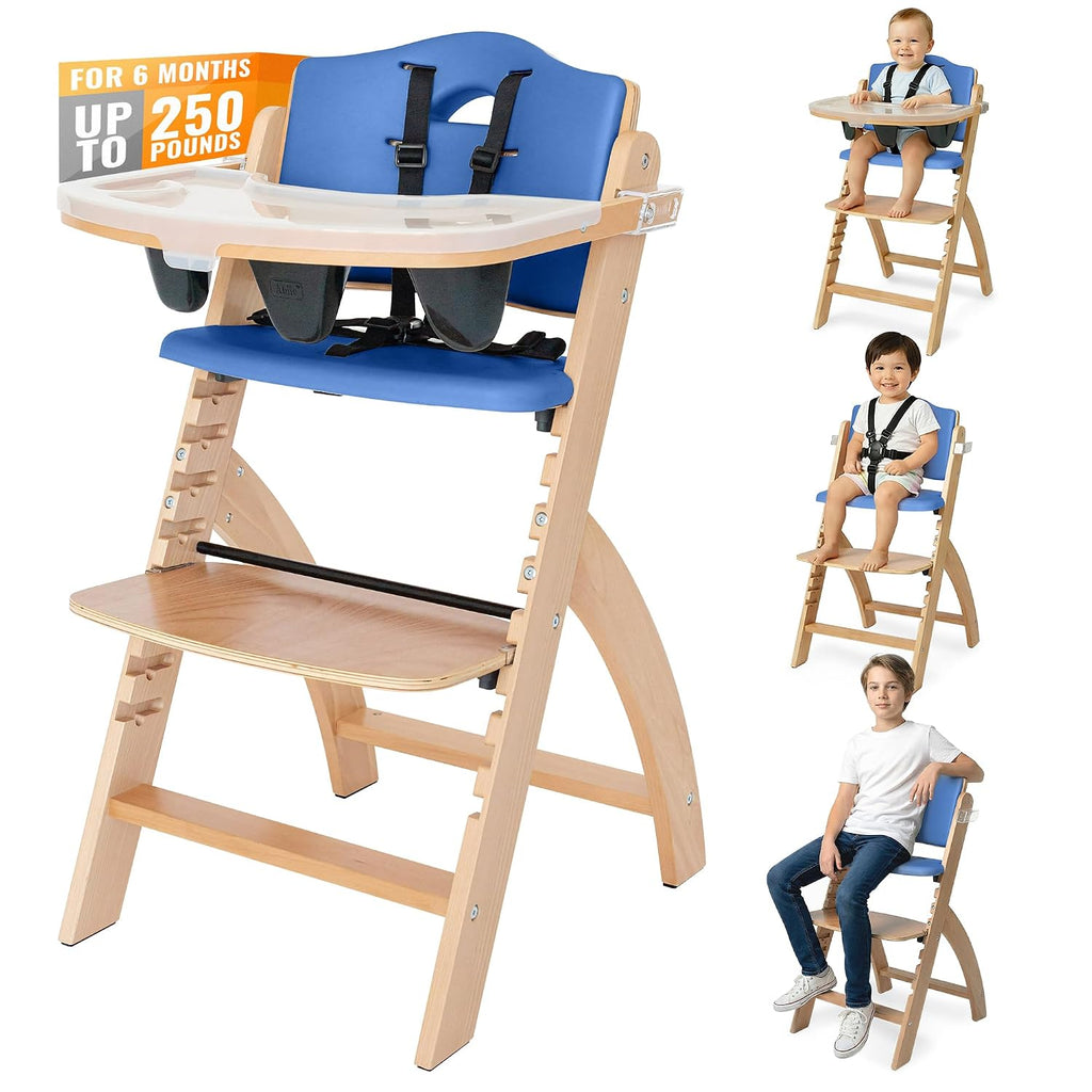 Abiie Beyond Junior Wooden High Chair for Babies and Toddlers - Convertible 3-in-1 Baby Highchair with Removable Tray - 6 Months to 250 Lb - Water Resistant - Natural Wood/Blueberry Cushion