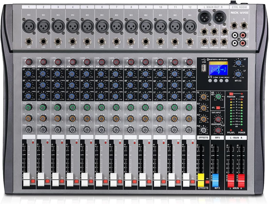 12 Channel mixer professional Audio Mixer, dj mixer with Individual Channel Control and USB Audio Recording & Editing via Computer, All-Metal mezcladora para dj (12 Channel)