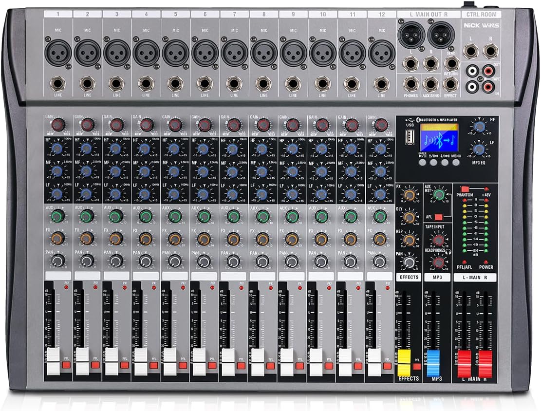 12 Channel mixer professional Audio Mixer, dj mixer with Individual Channel Control and USB Audio Recording & Editing via Computer, All-Metal mezcladora para dj (12 Channel)