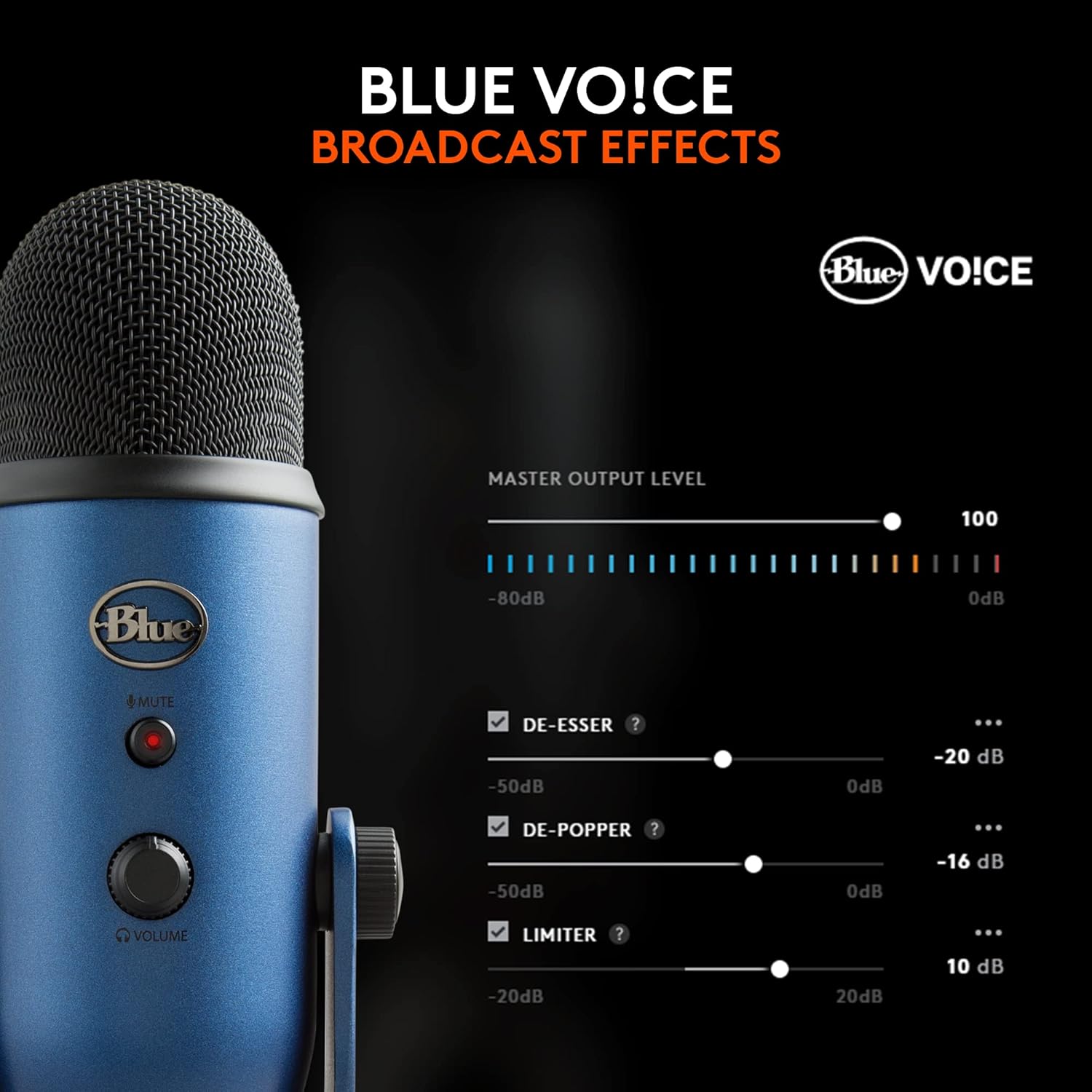 Logitech Creators Blue Yeti USB Microphone for PC, Mac, Gaming, Streaming, Podcasting, Studio and Computer Condenser Mic with Blue VO!CE Effects, 4 Pickup Patterns, Plug and Play - Midnight Blue