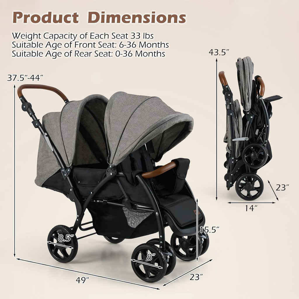 INFANS Double Stroller, Foldable Baby Tandem Stroller with Djustable Backrest Canopy Footrest, 5-Point Harness, Storage Basket, Convertible Compact Twin Stroller for Infants and Toddlers