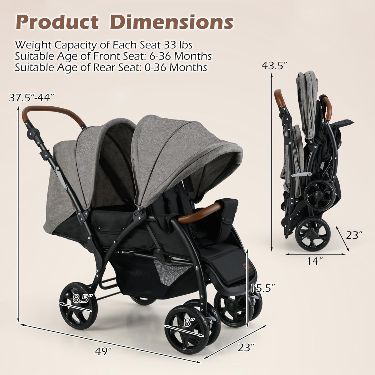 INFANS Double Stroller, Foldable Baby Tandem Stroller with Djustable Backrest Canopy Footrest, 5-Point Harness, Storage Basket, Convertible Compact Twin Stroller for Infants and Toddlers