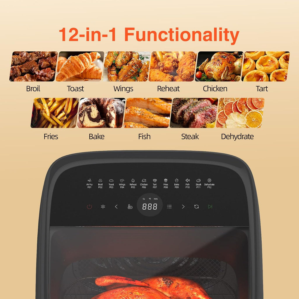 12L Air Fryer Toaster Oven Combo with 2 Viewing Windows, 12-IN-1 Multifunctional Digital Large Air Fryer with Rotisserie & Dehydrator, 8 Accessories Included, Black