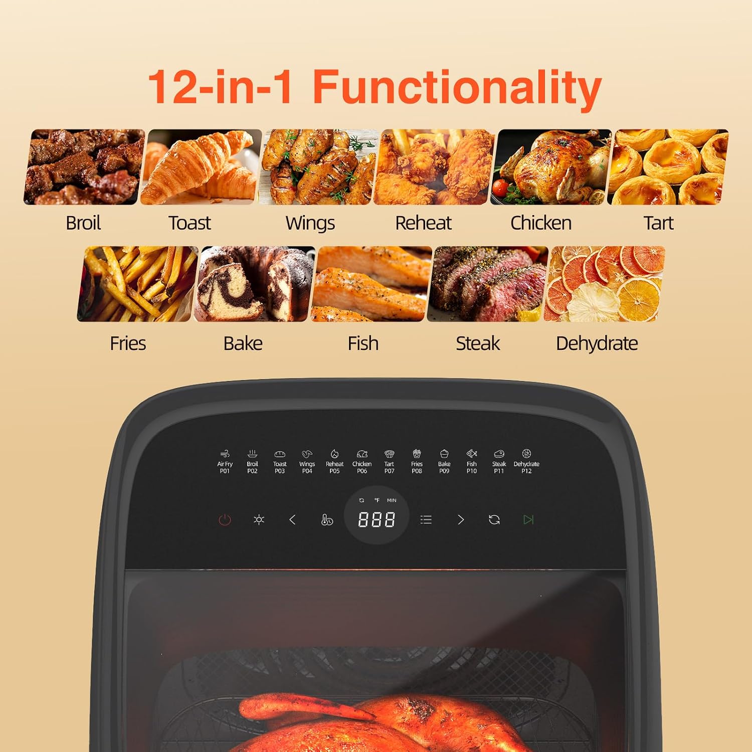 12L Air Fryer Toaster Oven Combo with 2 Viewing Windows, 12-IN-1 Multifunctional Digital Large Air Fryer with Rotisserie & Dehydrator, 8 Accessories Included, Black