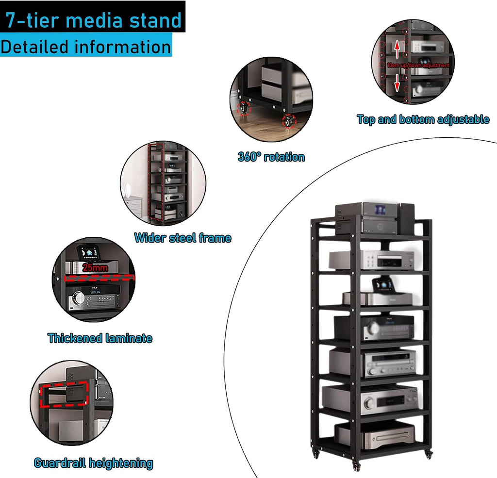 7 Tier Audio Rack Tower, CD Record Player Stereo Receiver AV Equipment Cabinet Display Rack, Weight Capacity 661 lbs, with Adjustable Wooden Shelves for Home (7 Tier Black)