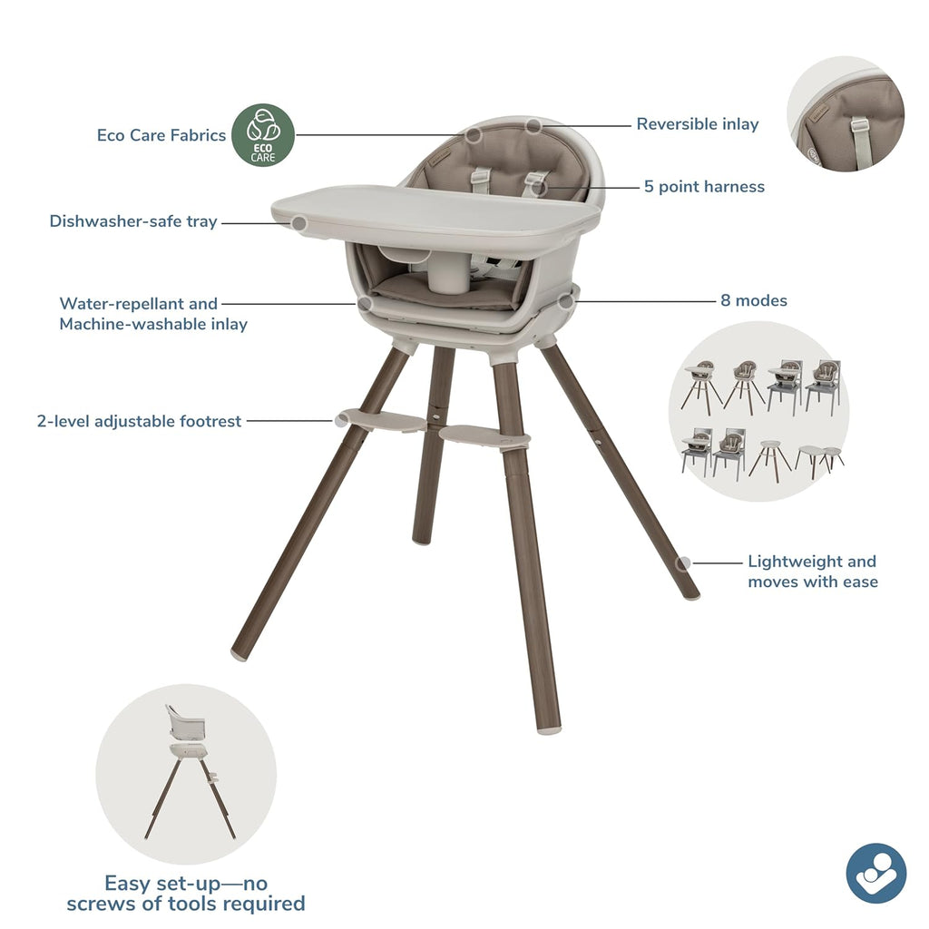 Maxi-Cosi Moa 8-in-1 High Chairs for Babies and Toddlers, Machine Washable Infant High Chair, Compact, Convertible High Chair Lightweight Design, Truffle