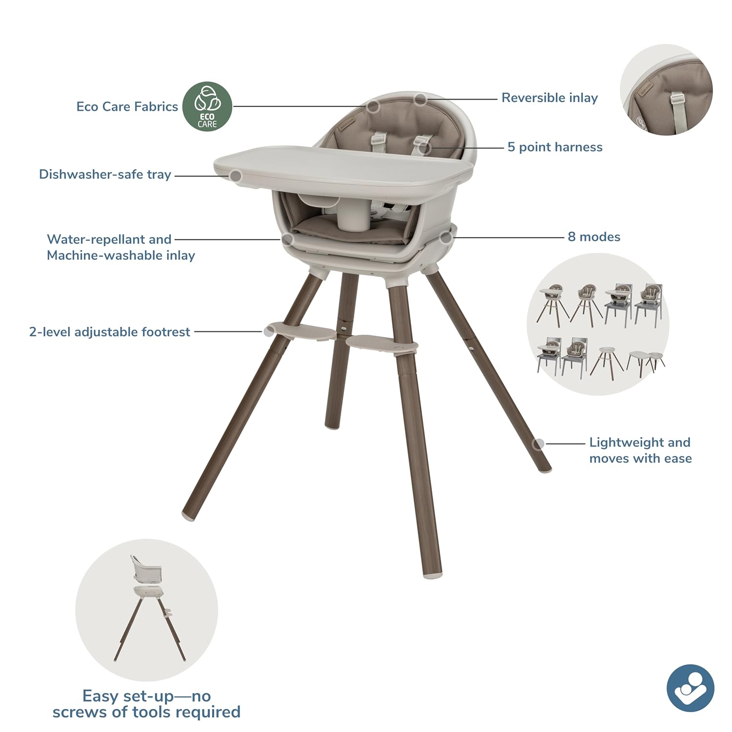 Maxi-Cosi Moa 8-in-1 High Chairs for Babies and Toddlers, Machine Washable Infant High Chair, Compact, Convertible High Chair Lightweight Design, Truffle