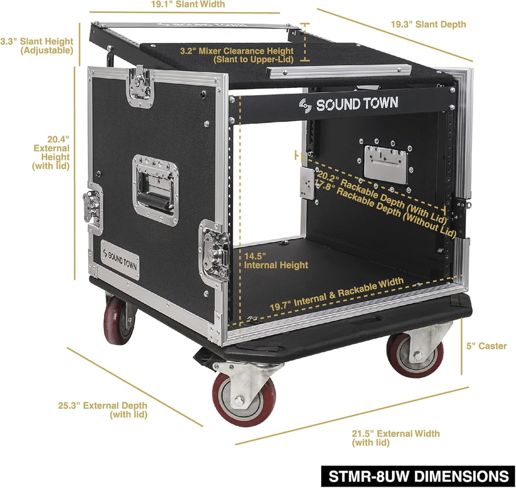 Sound Town Enhanced Thickness 1/2' (12mm) Plywood 8U Audio Rack/Road ATA Case with 11U Slant Mixer Top, 20'' Rackable Depth, Casters, 8 Space Size, Pro Tour Grade (STMR-8UW)
