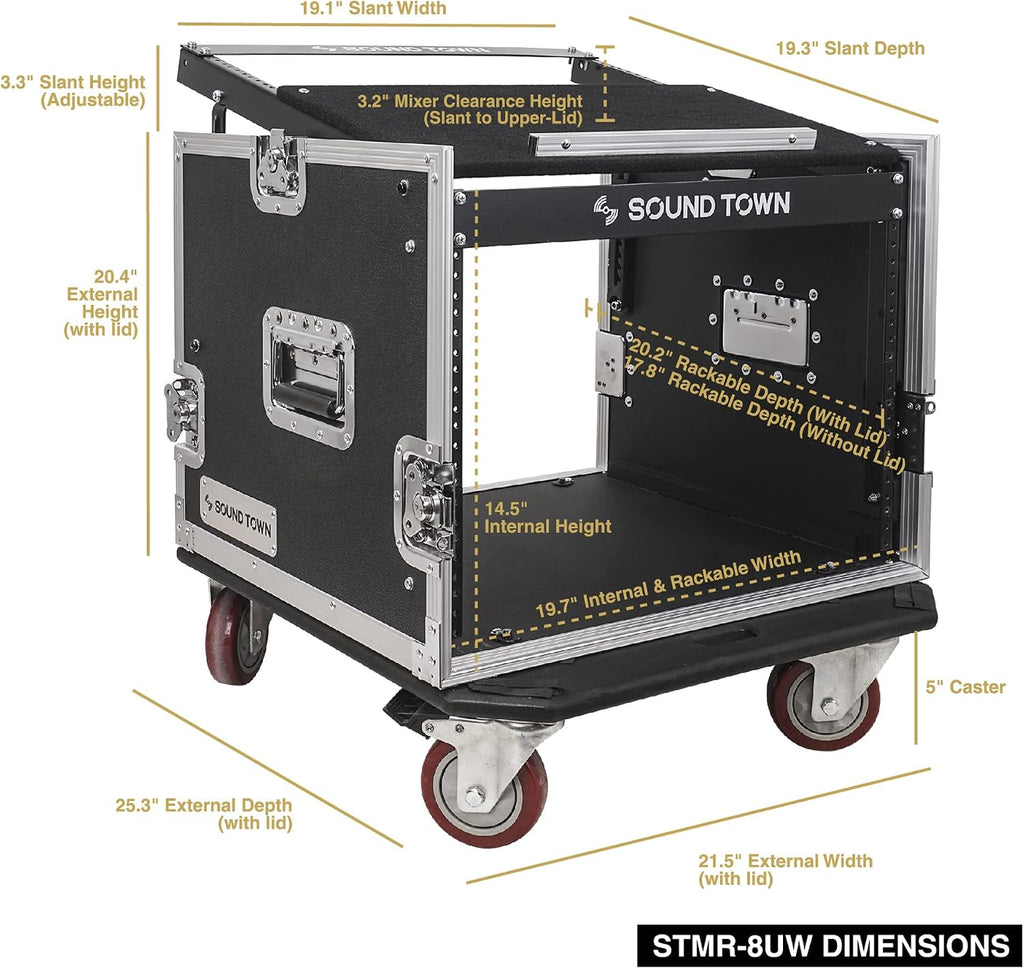 Sound Town High-Quality 1/2' (12mm) Plywood 8U PA DJ Pro Audio Rack/Road ATA Case with 11U Slant Mixer Top, Locking Drawer, 20.2'' Rackable Depth and Casters (STMR-8D2)
