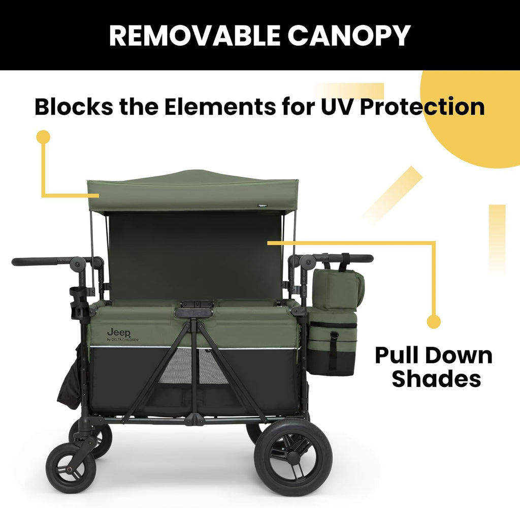 Delta Children - Jeep Wrangler Deluxe 4 Seater Stroller Wagon - Premium Quad Stroller Wagon for 4 Kids with Convertible Seats, Adjustable Push/Pull Handles, Removable Canopy & Flat Fold, Black/Green