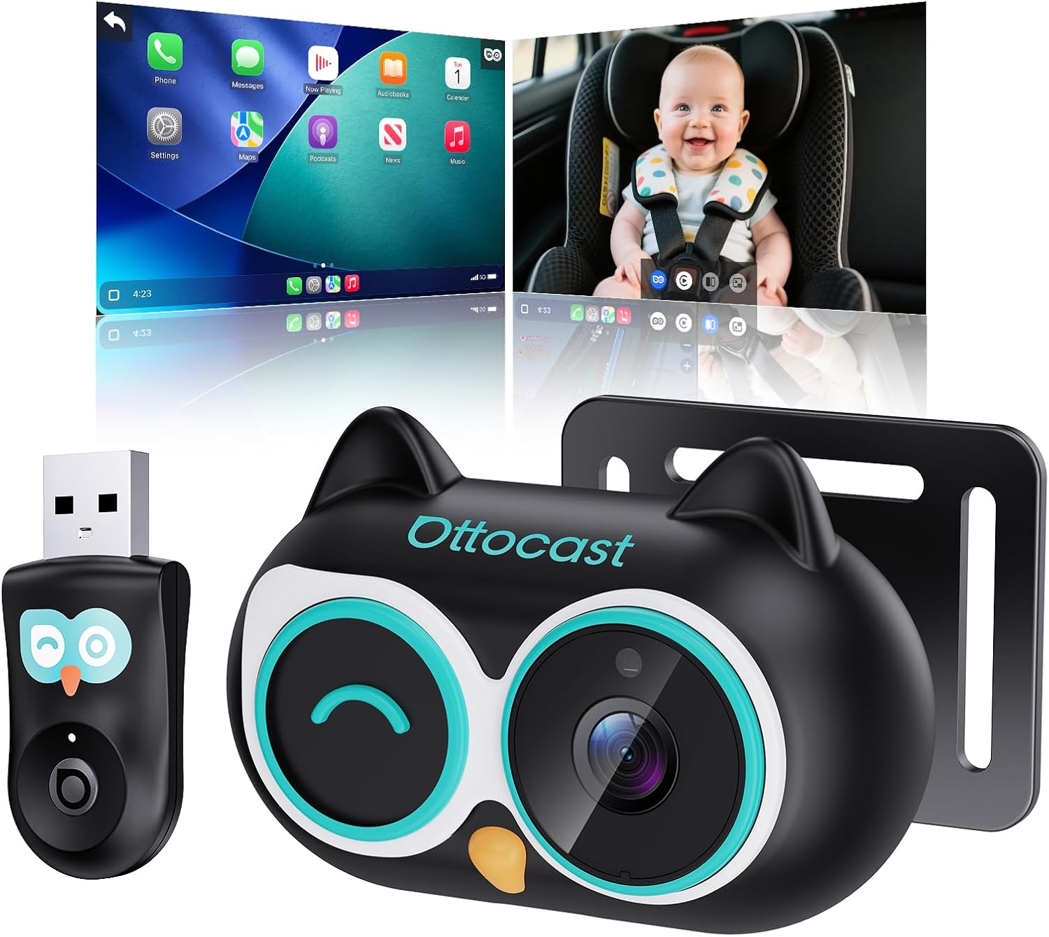 OTTOCAST Cabin Care Car Camera for Baby, Wireless CarPlay Adapter with 1080P Baby Car Camera, HD Night Vision, 150° Wide Angle, Real-Time Rear Seat Monitor, Easy Installation