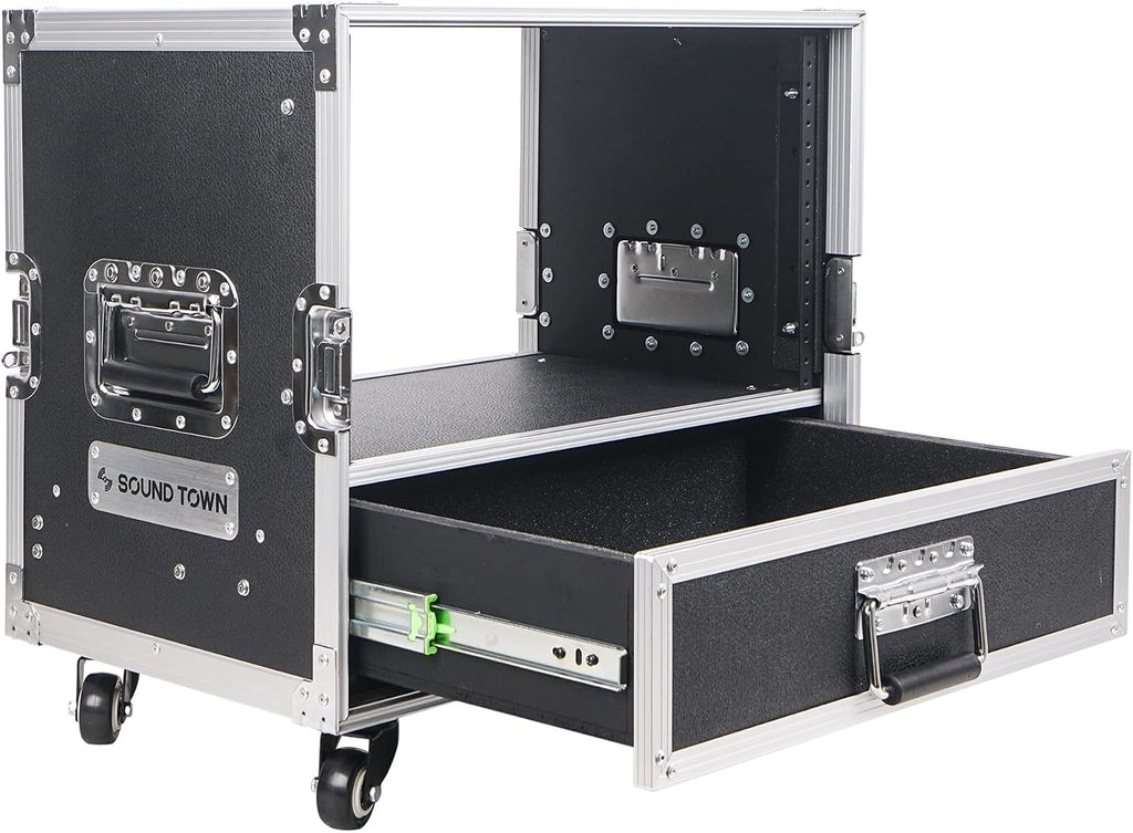 Sound Town 6U Rack Case with 2U Rack Drawer, Casters, for 19' Amps, Mixers, Microphone Receivers (STRC-6U2DR)