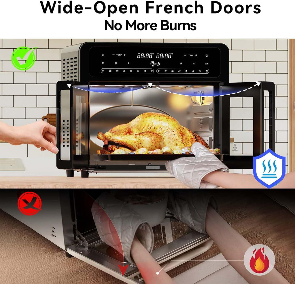 25.4QT Dual Zone Air Fryer Toaster Oven Combo, French Glass Door, XL Capacity, 100-430°F Temperature Range, 16 Preset Functions, LED Display, Dual Fan, 360° Heat Circulation