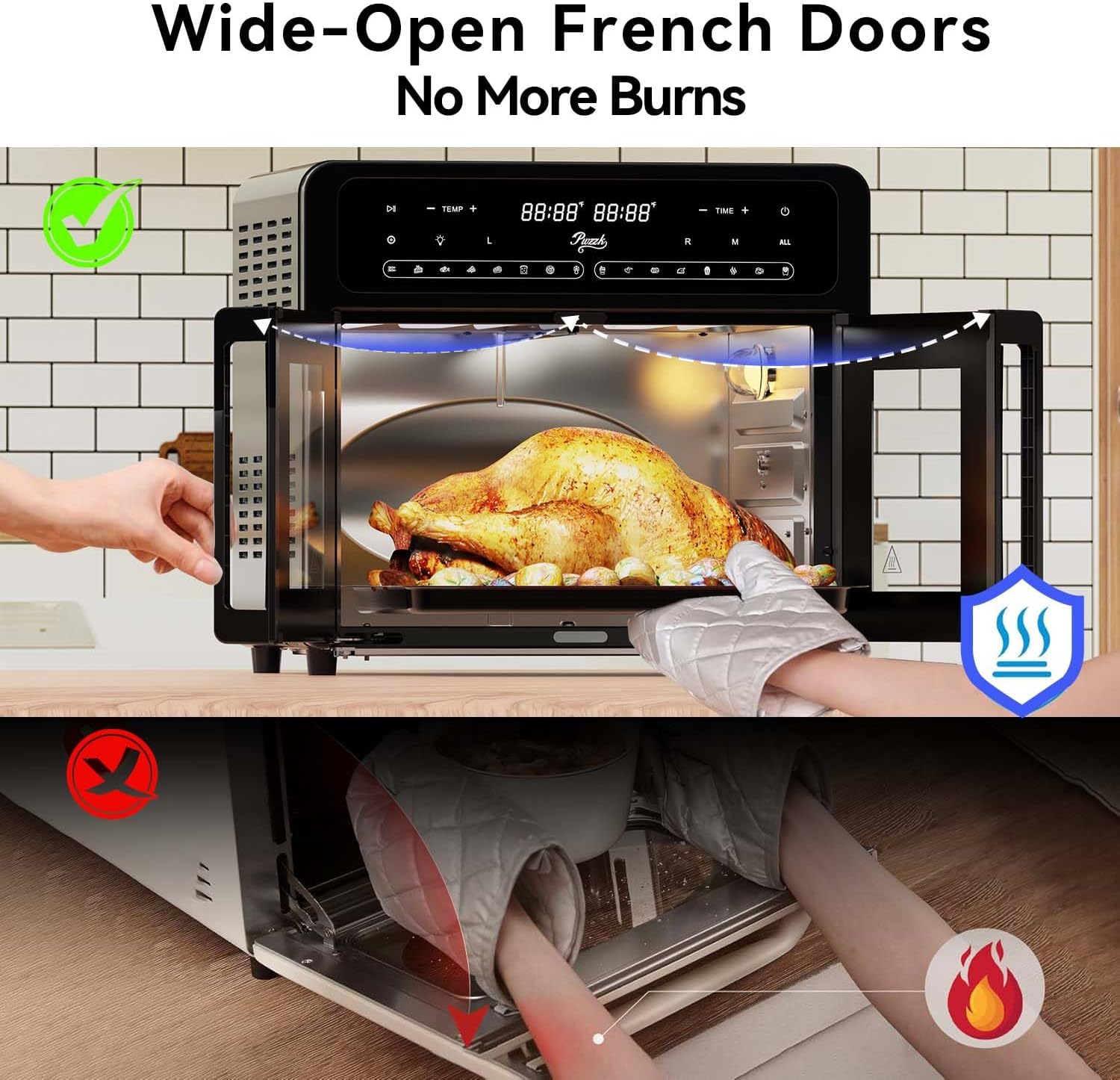 25.4QT Dual Zone Air Fryer Toaster Oven Combo, French Glass Door, XL Capacity, 100-430°F Temperature Range, 16 Preset Functions, LED Display, Dual Fan, 360° Heat Circulation