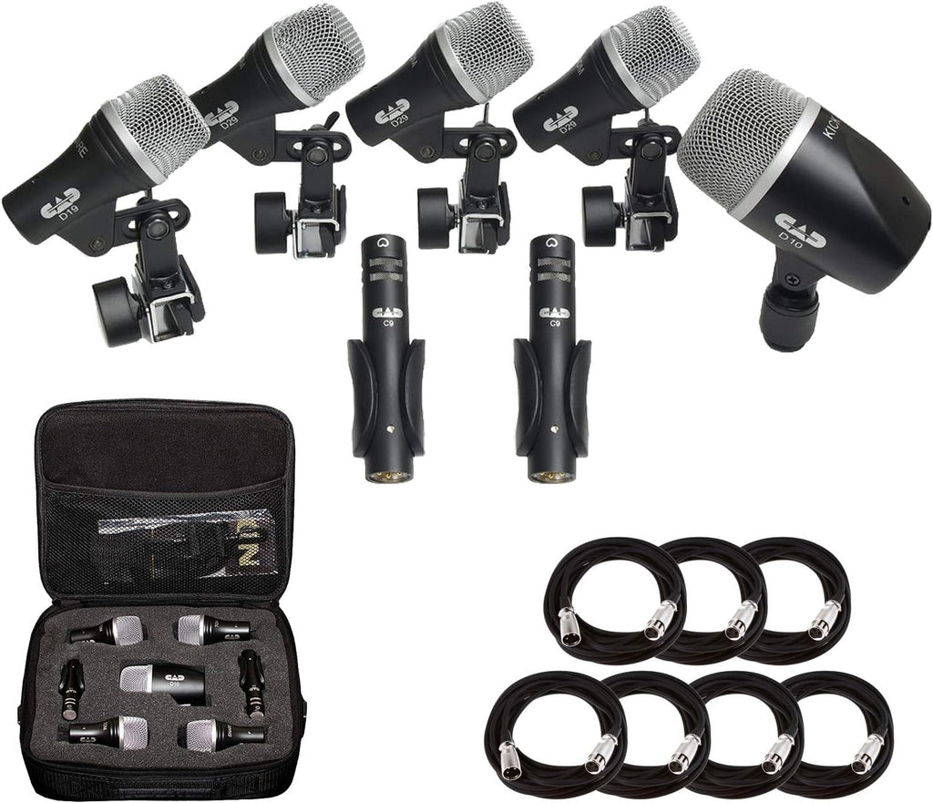 CAD Audio Stage7 Premium 7-Piece Drum Instrument Mic Pack with Vinyl Carrying Case + 7 On Stage Microphones Cables, 20 Feet