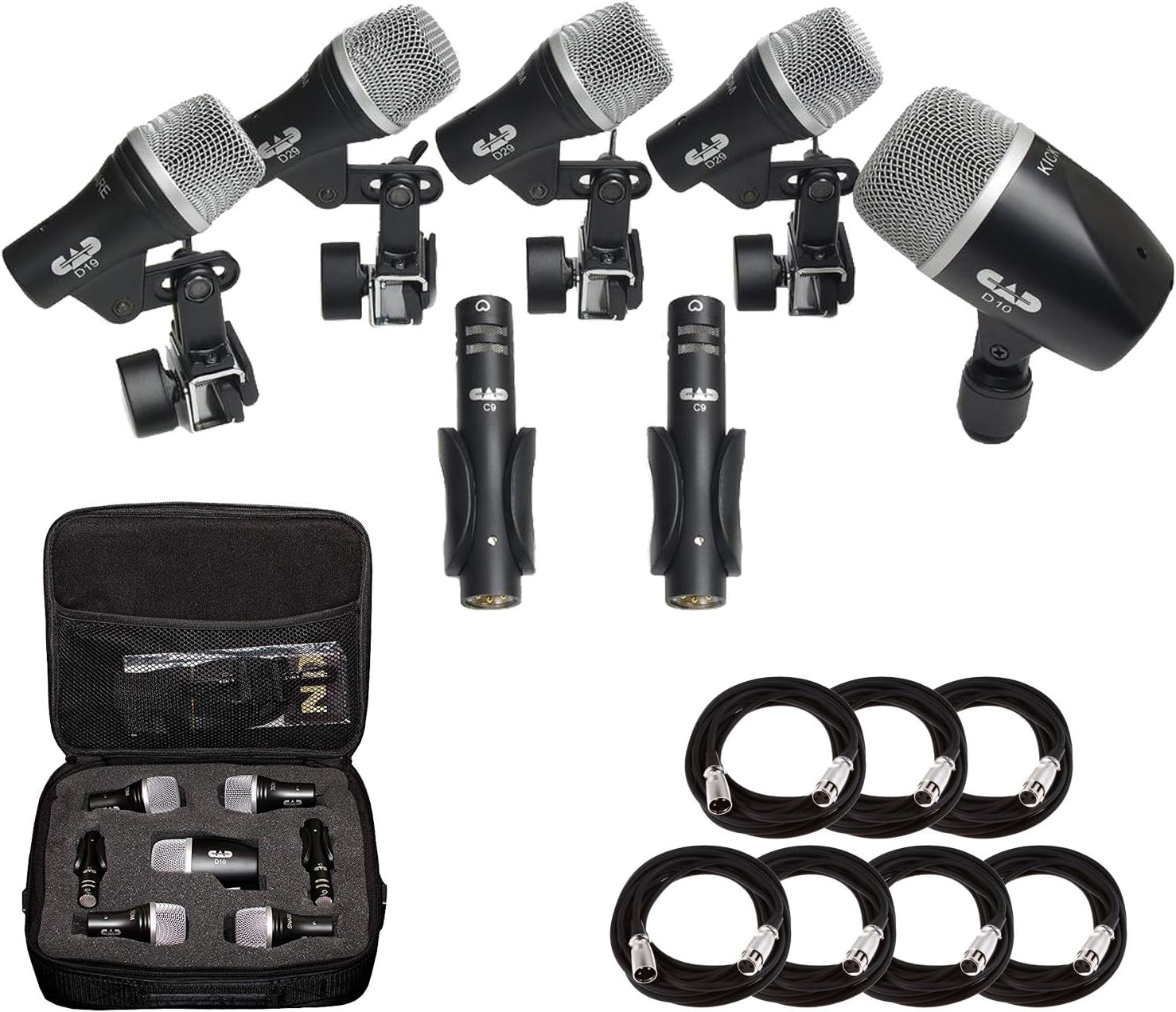 CAD Audio Stage7 Premium 7-Piece Drum Instrument Mic Pack with Vinyl Carrying Case + 7 On Stage Microphones Cables, 20 Feet