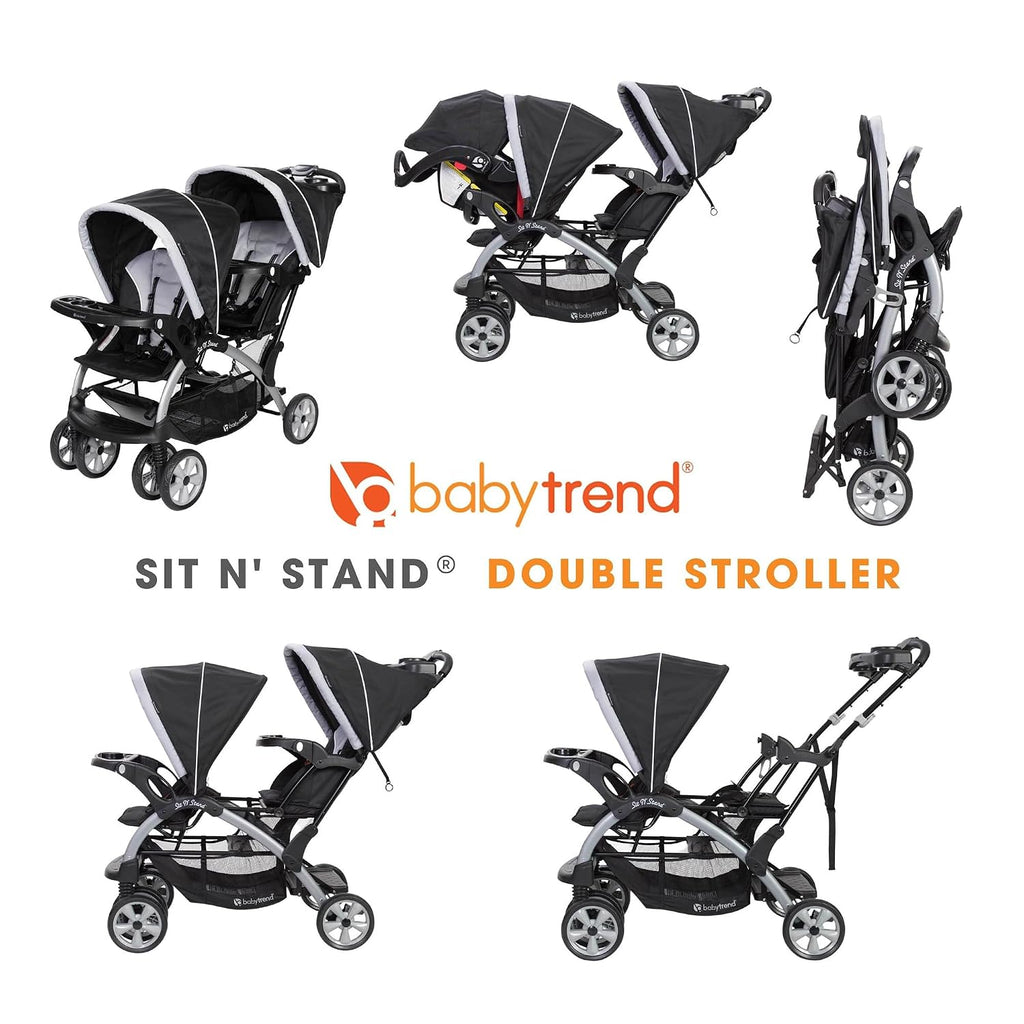 Baby Trend Double Infant and Toddler Stroller w/ Harness and Basket, Sit N' Stand, Stormy.