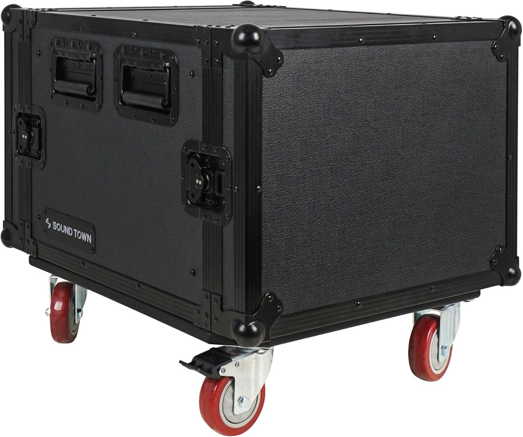 Sound Town Black Series 8U PA/DJ Rack/Road Case with 8-Space, All-Black Anodized Hardware, Plywood, Casters, and 21' Rackable Depth - Pro Tour Grade (STRC-B8UW)