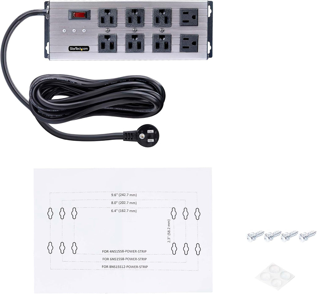 StarTech.com Flat Plug 8-Outlet Heavy Duty Industrial Power Strip 125V/15A with Surge Protector, EMI/RFI Isolation, Mountable PDU, 12ft/3.6m Extension Power Cord, NEMA 5-15P/R, TAA