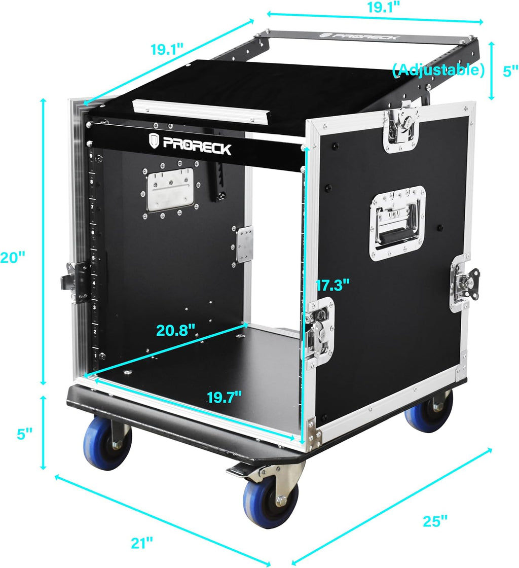 PRORECK 10U Rack/Road Case With Slant Mixer Top, And Casters, 20'' Rackable Depth, Plywood, 10U Installation Size, Pro Stage Performance.