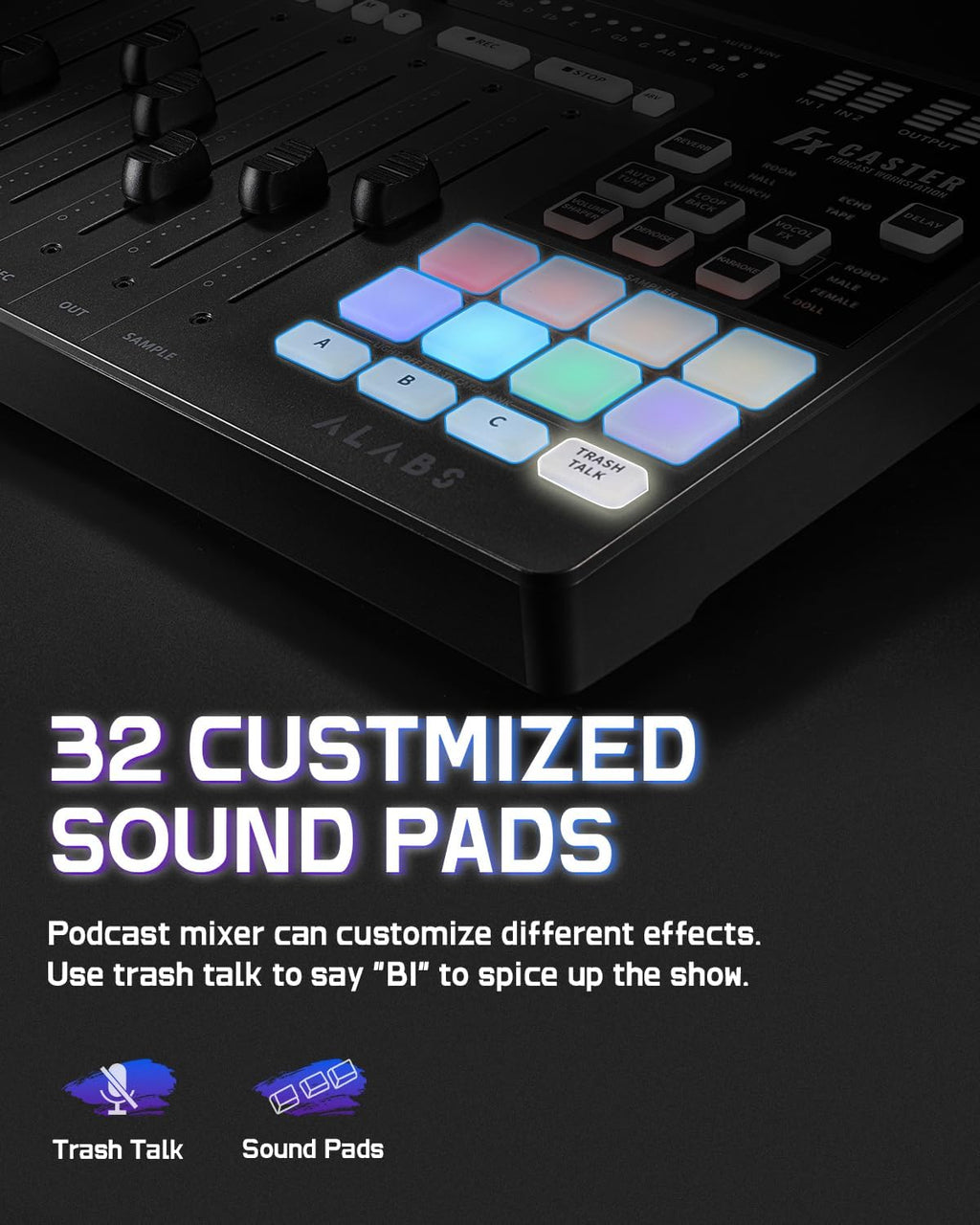 ALABS Fxcaster Podcast Equipment Bundle - All-in-One Podcasting Starter Setup with 7-Channel Soundboard, Audio Interface, and 25mm Diaphragm XLR Microphone for Live Streaming, Recording, and TikTok
