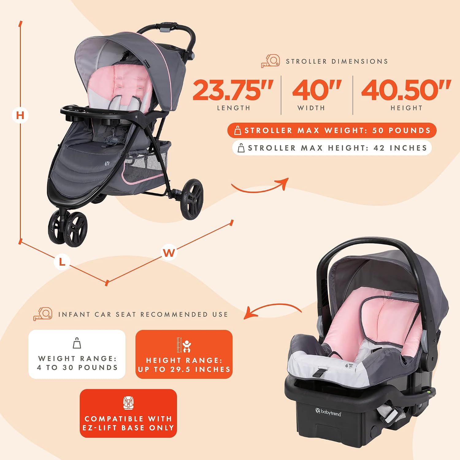Baby Trend EZ Ride Travel System with EZ-Lift™ Infant Car Seat, Dash Pink