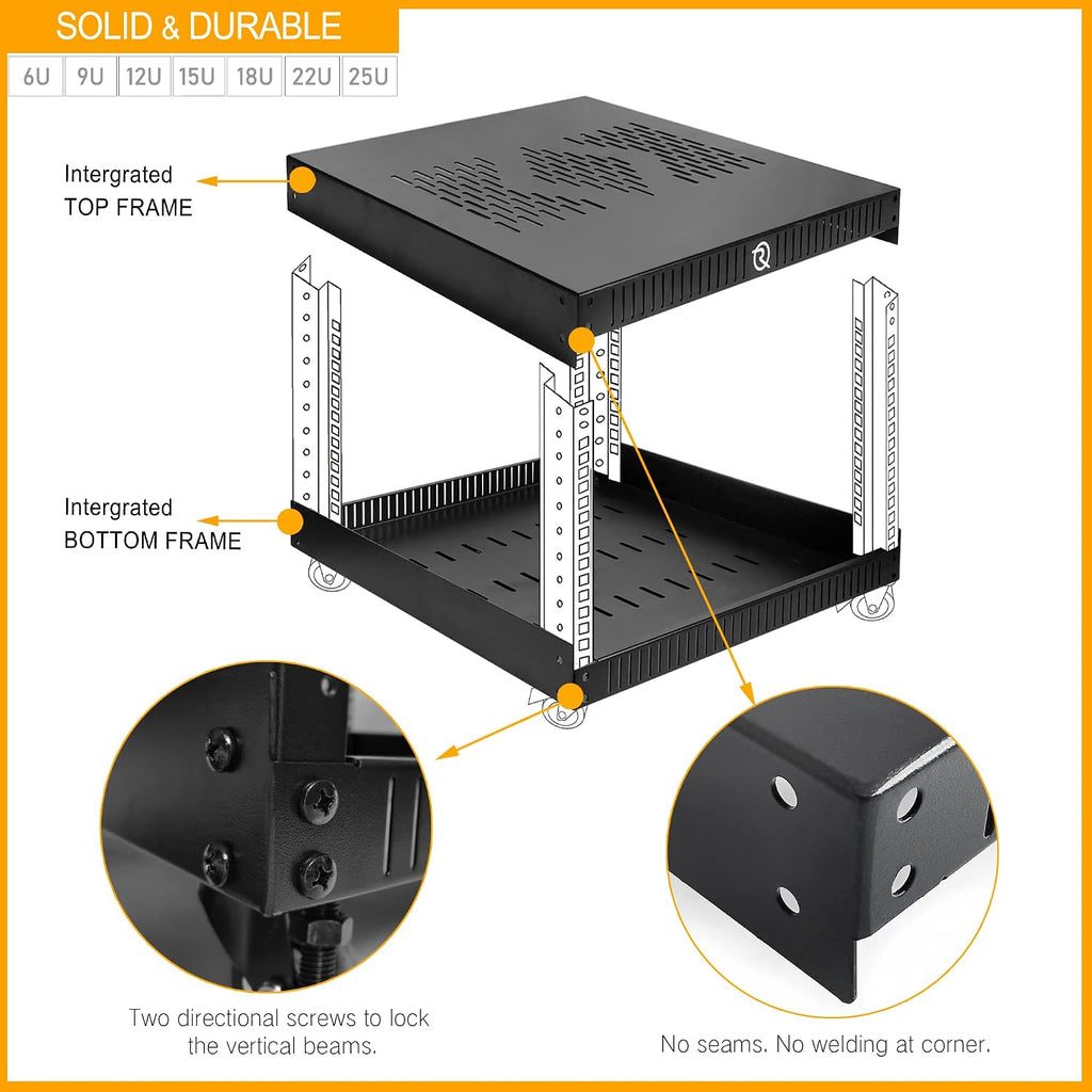 RIVECO OFCO 18U Network Rack with Reinforced Top & Bottom Vented Plates - 4 Rolling Wheels Floor Standing Rack for 19' Equipment & Stereo Gear - Including 1PCS Rack Shelf & Rail Mount PDU