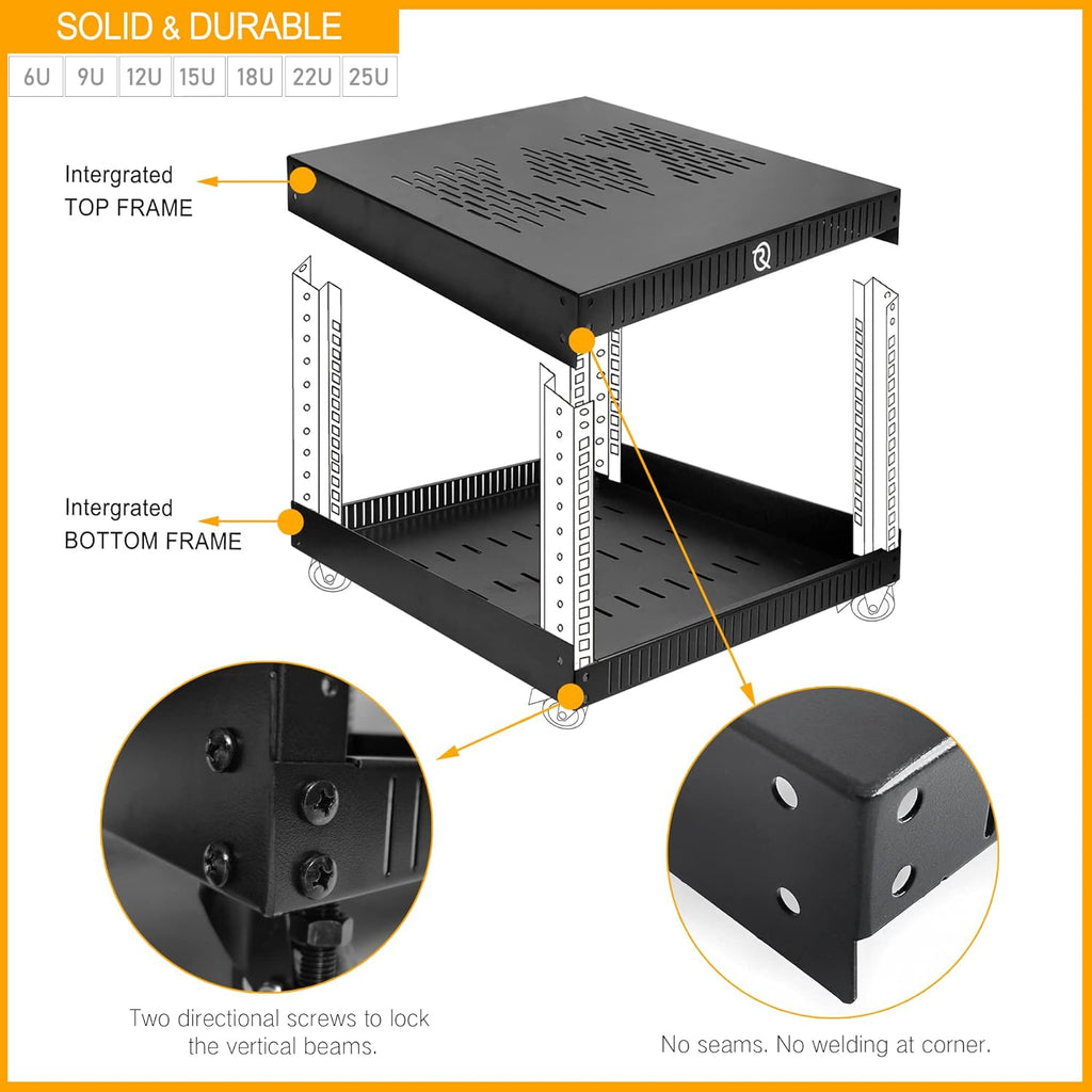 RIVECO 12U Network Rack with Reinforced Top Cover - 4 Post Floor Rack on Wheels for 19' Equipment & Stereo Gear- Including Rack Mount Power Strip & 1PCS 1U Rack Shelf
