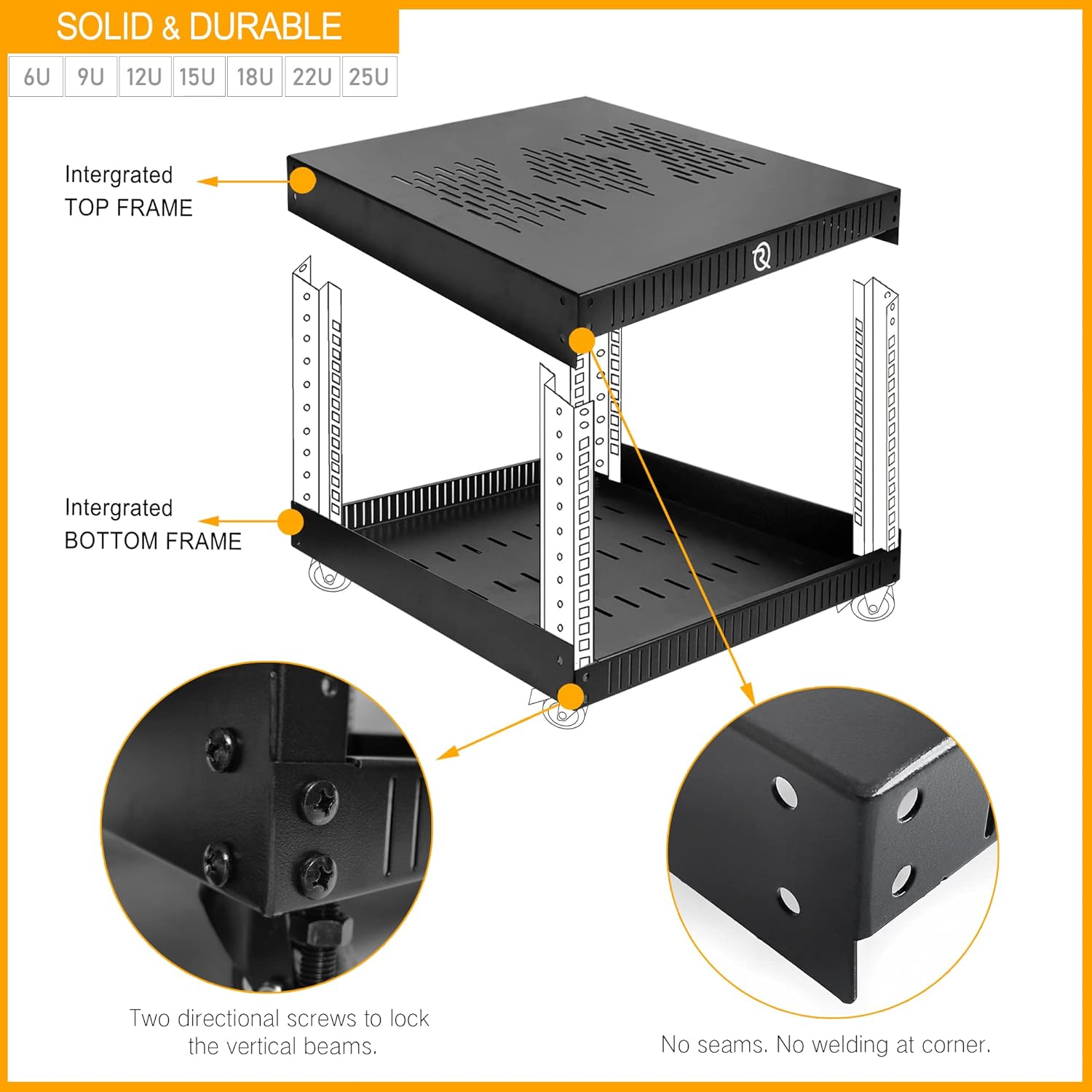 RIVECO 12U Network Rack with Reinforced Top Cover - 4 Post Floor Rack on Wheels for 19' Equipment & Stereo Gear- Including Rack Mount Power Strip & 1PCS 1U Rack Shelf