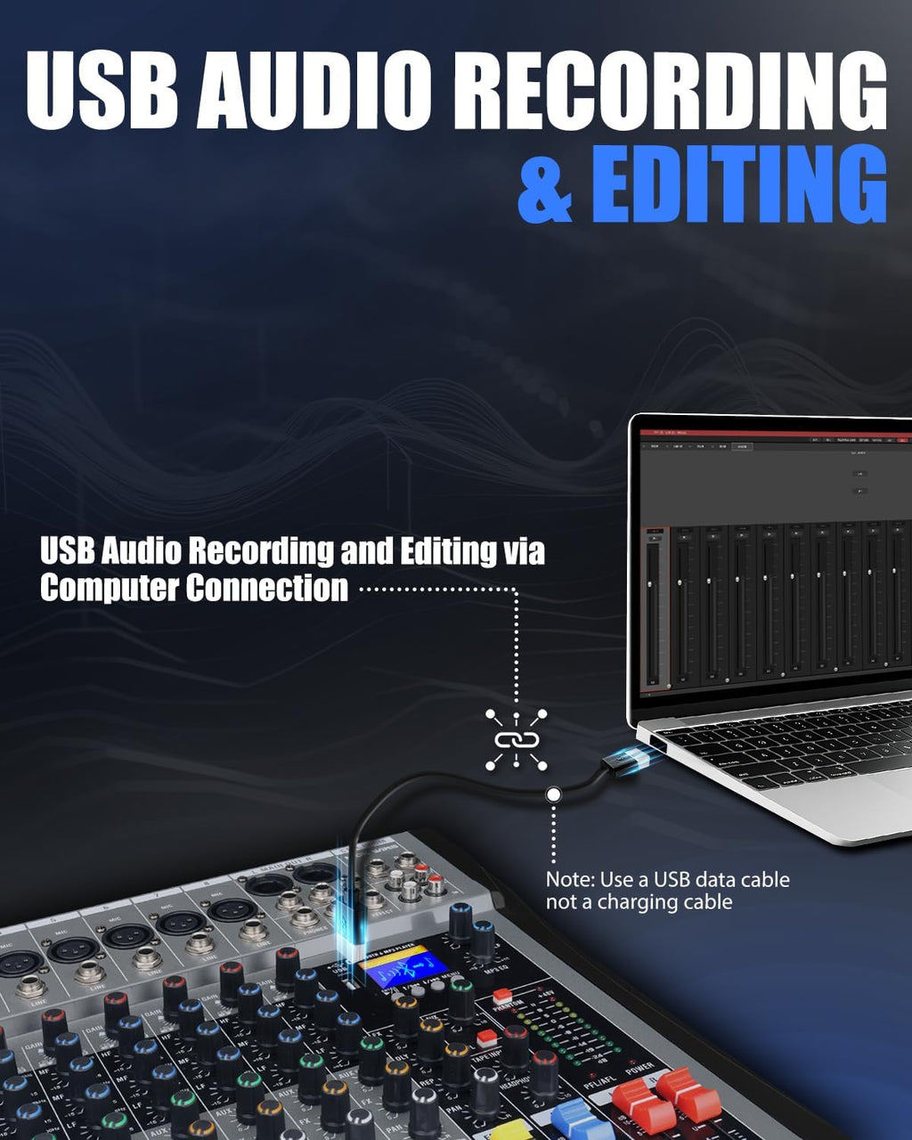 8 Channel mixer professional Audio Mixer, dj mixer with Individual Channel Control and USB Audio Recording & Editing via Computer, All-Metal mezcladora para dj (8 Channel)