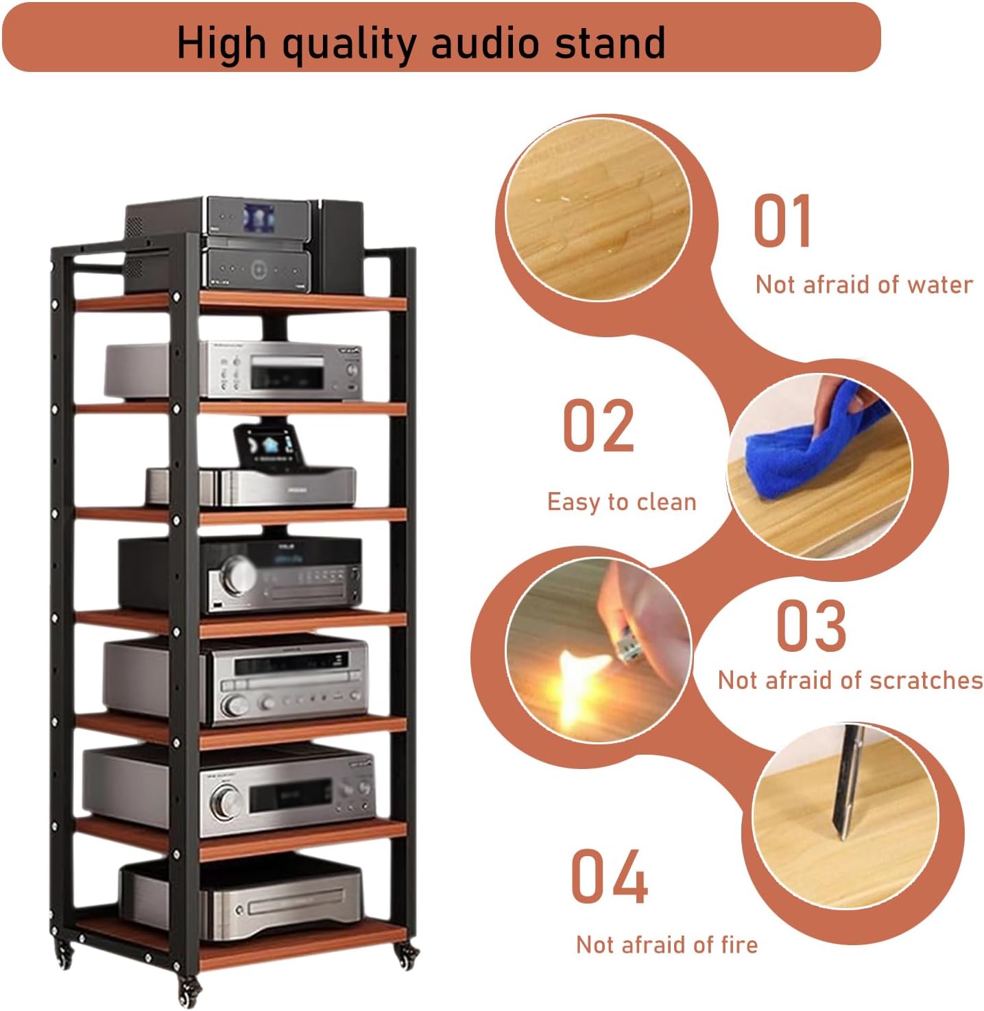 7 Tier Audio Rack Tower, CD Record Player Stereo Receiver AV Equipment Cabinet Display Rack, Weight Capacity 661 lbs, with Adjustable Wooden Shelves for Home (7 Tier Teakwood)