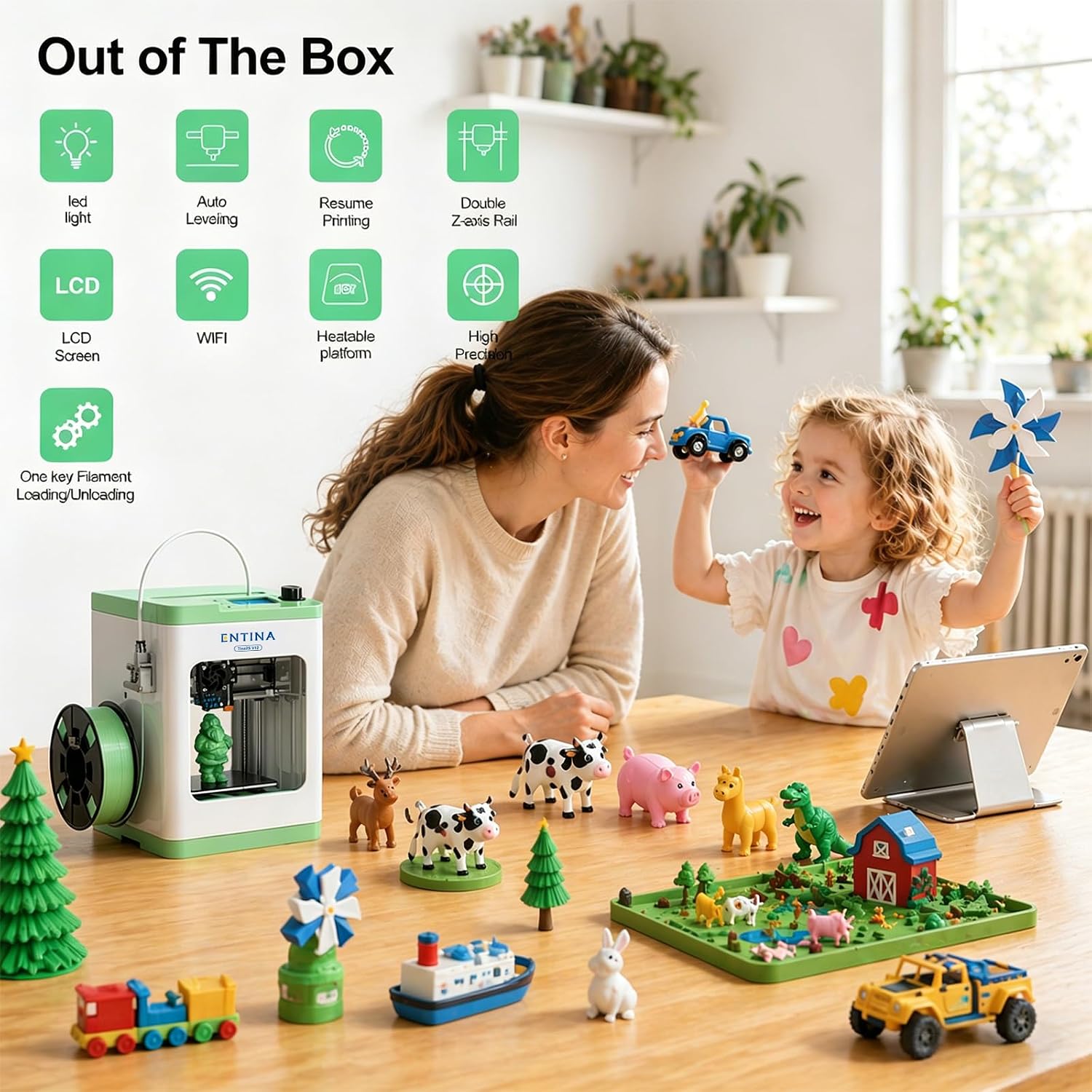 Entina TINA2S 3D Printers with WiFi Cloud Printing, Fully Assembled with Auto Leveling, Huge Library, DIY Mini 3D Printer for Beginners and Kids, High Precision 3D Printer for Home, Office & School