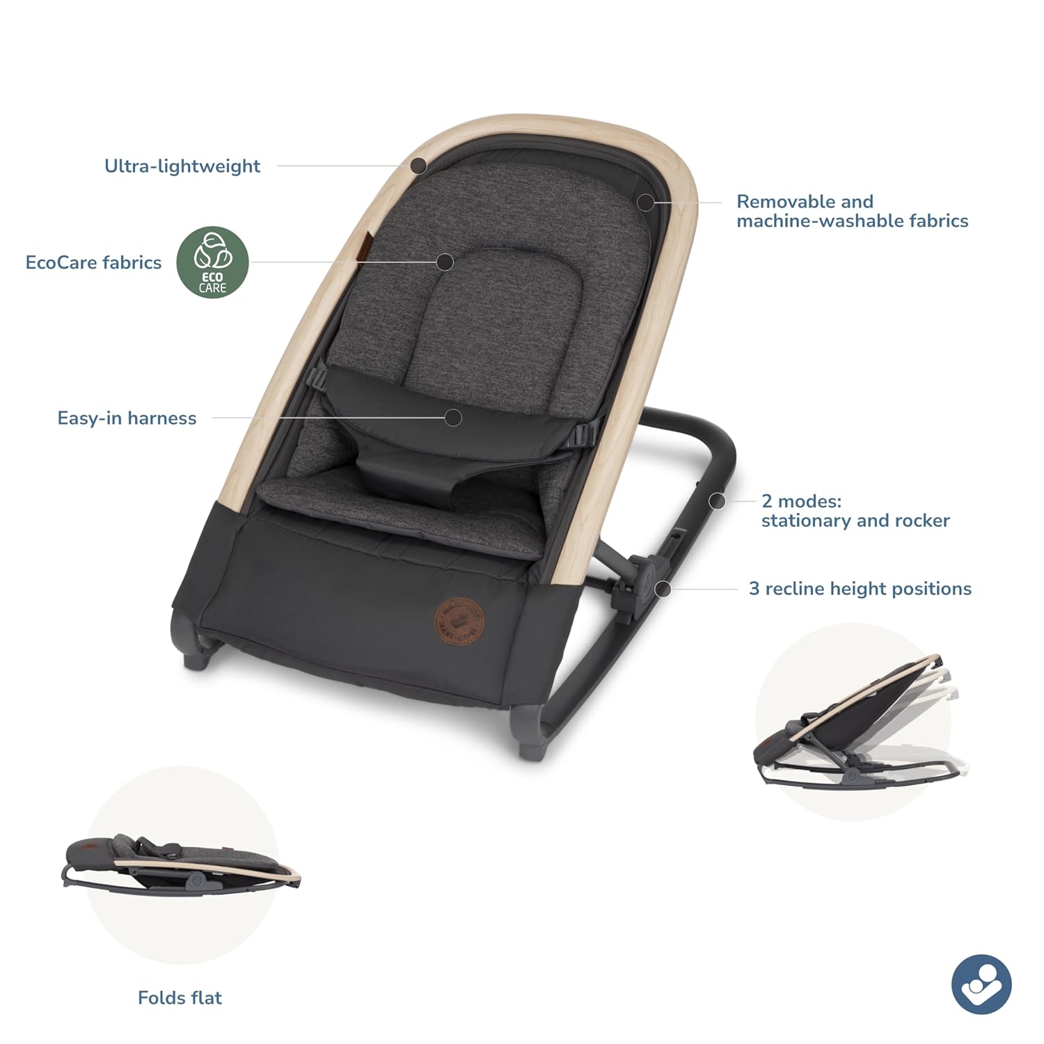 Maxi-Cosi Kori 2-in-1 Baby Bouncer Seat for Infants, Baby Rocker Chair, Portable Baby Bouncer, Classic Graphite