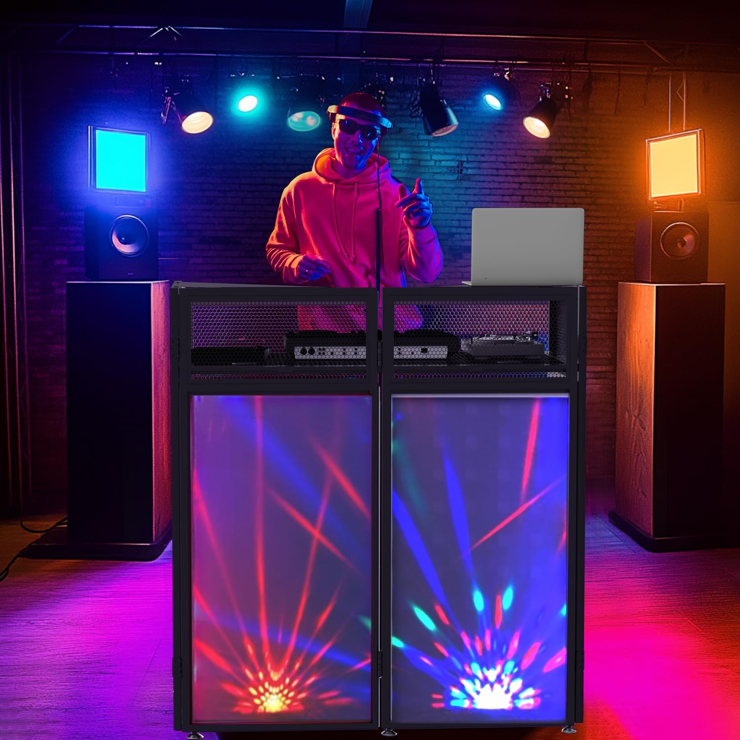 YooKoo Foldable DJ Booth with Two Top Trays, Tool-Free Assembly, DJ Table with White & Black Scrims, Metal Frame DJ Facade, DJ Stand with Cable Hole and Carry Bag, for Parties & Events & Small Studios