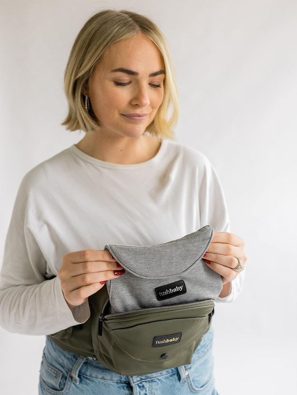 Tushbaby Original Hip Seat Baby Carrier for Babies & Toddlers up to 45 lbs, Safety Certified, Lightweight No-Foam Design with Storage, Olive