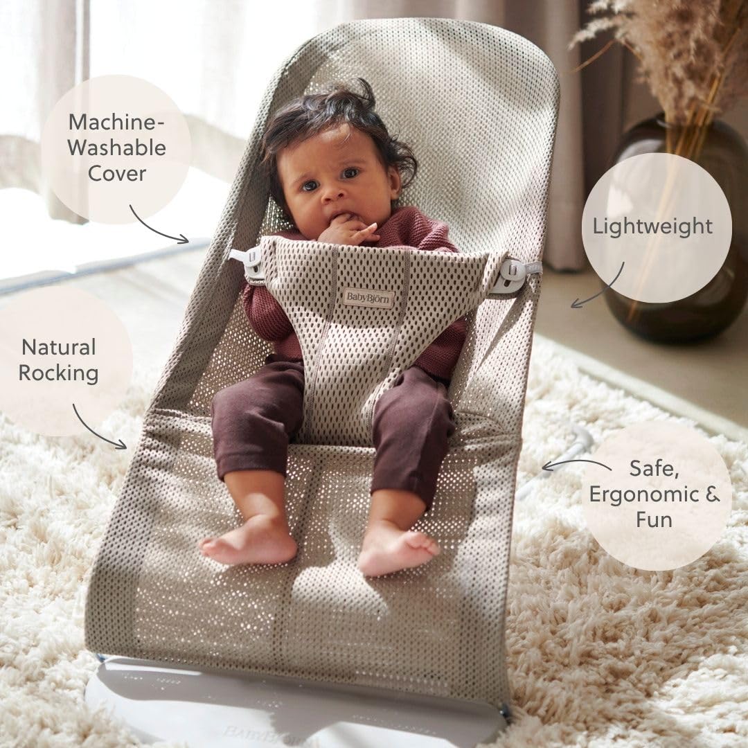 BabyBjörn Bouncer Bliss, Mesh, Gray Beige 2-in-1 Adjustable Baby Bouncer Seat and Toddler Chair, Newborn to Toddler (8-29 Lbs), 4 Positions, Lightweight & Portable