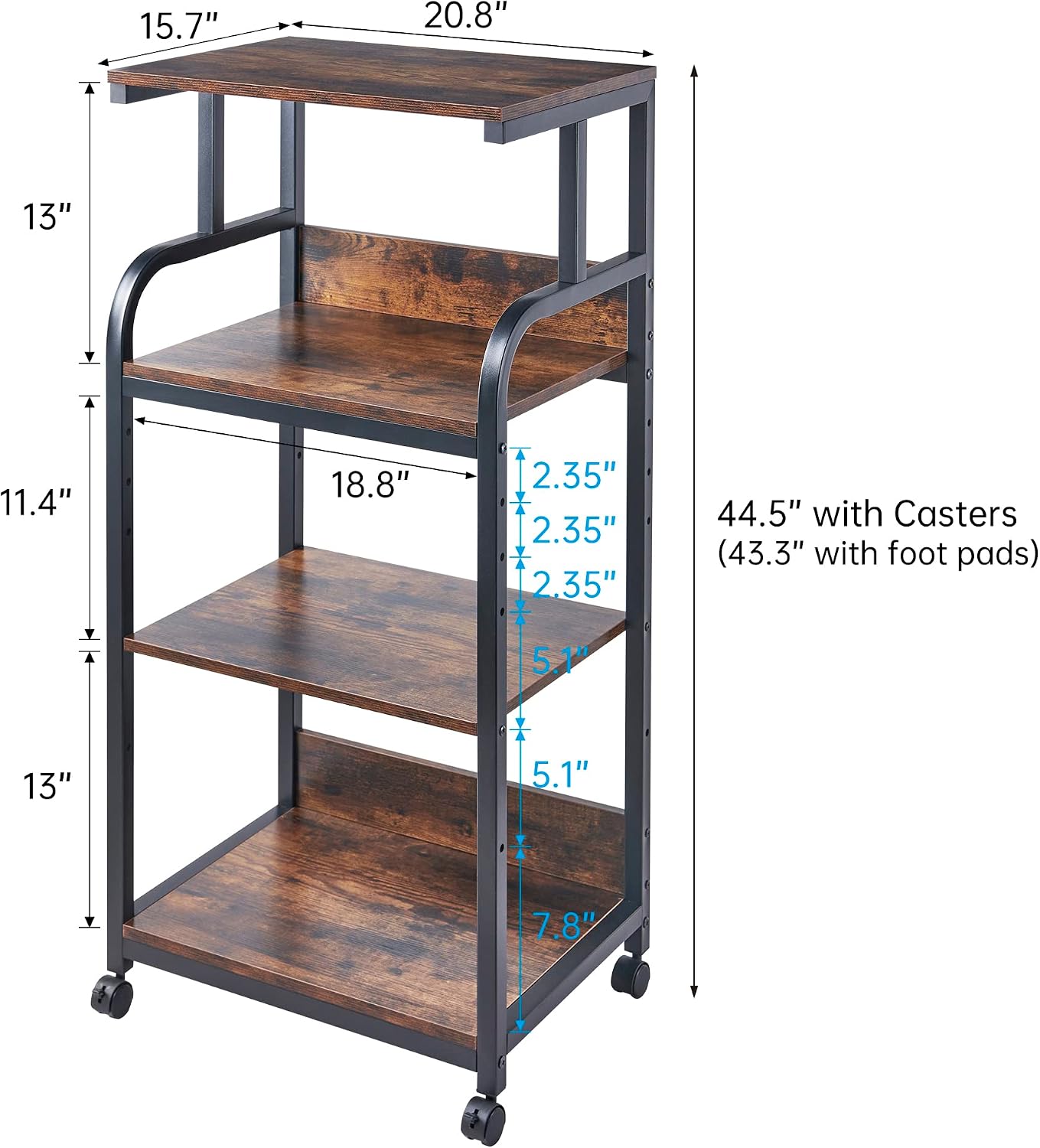 Fannova 4-Tier Printer Stand with Adjustable Storage Shelf, Large Tall Printer Table with Wheels for Home Office Small Spaces Organization, Rustic Brown