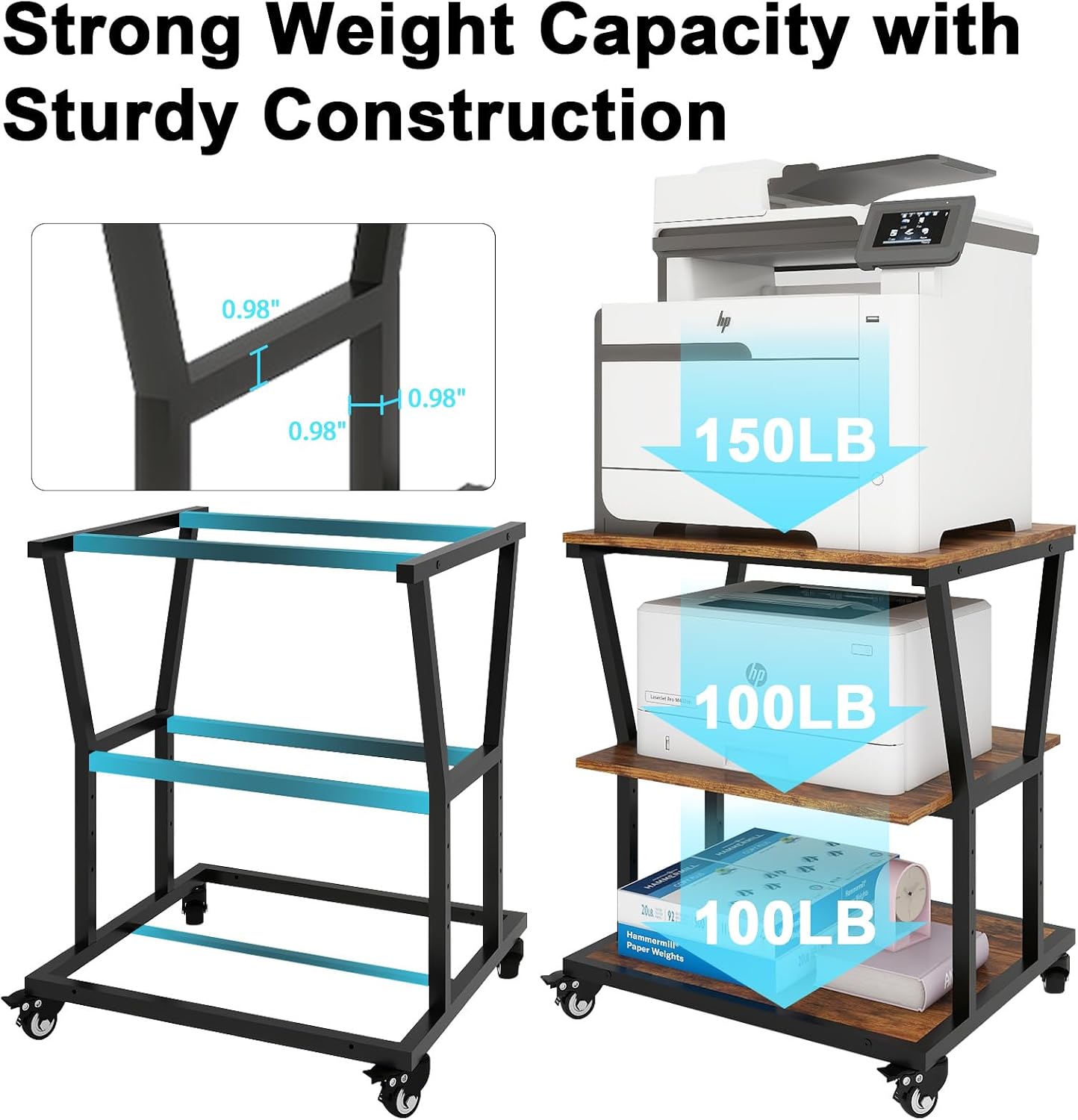 Natwind 3-Tier Large Printer Stand,23.6'x23.6'x29.5' Heavy-Duty Printer Table Cart with Paper Storage Shelf & Wheels,Ideal for Home Office Laser Printers, Copiers (Retro)