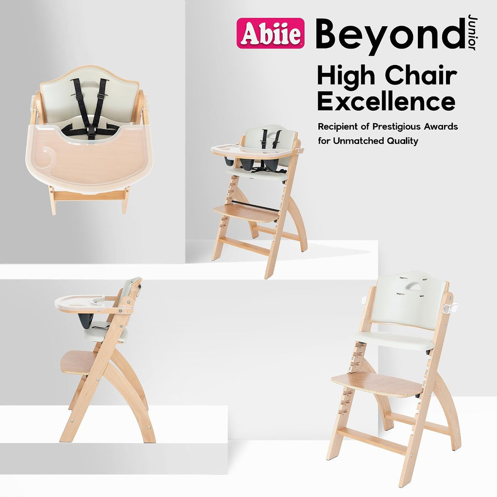 Abiie Beyond Junior Wooden High Chair for Babies and Toddlers - Convertible 3-in-1 Baby Highchair with Removable Tray - 6 Months to 250 Lb - Water Resistant - Natural Wood/Dove Grey Cushion