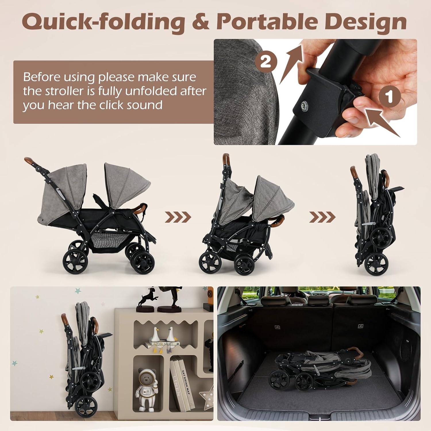 INFANS Double Stroller, Foldable Baby Tandem Stroller with Djustable Backrest Canopy Footrest, 5-Point Harness, Storage Basket, Convertible Compact Twin Stroller for Infants and Toddlers