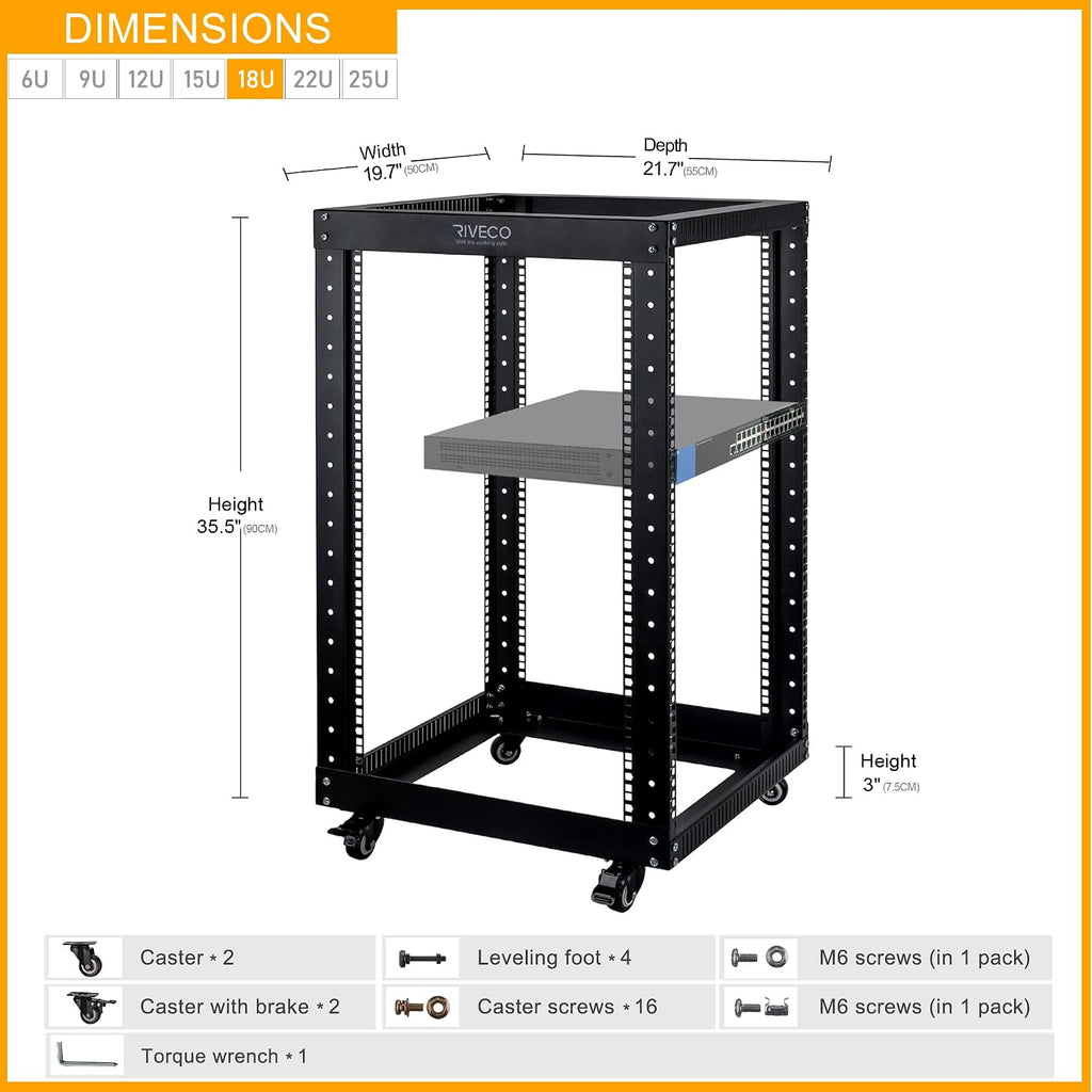 RIVECO 18U Open Frame Server Rack with Brake Casters- Heavy Duty 4 Post Quick Assembly 19-inch Rack Network Durable Black