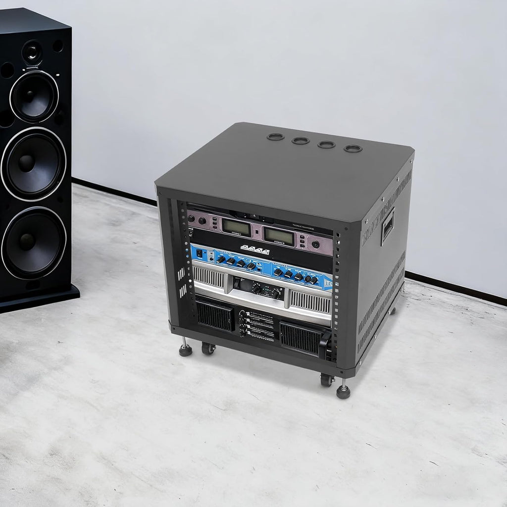 9U Stereo & Studio Rack with Wheels, Open Frame Audio Rack Cabinet, Rolling Network Cabinet, Network Devices Storage Rack Cabinet (Black, 9U)