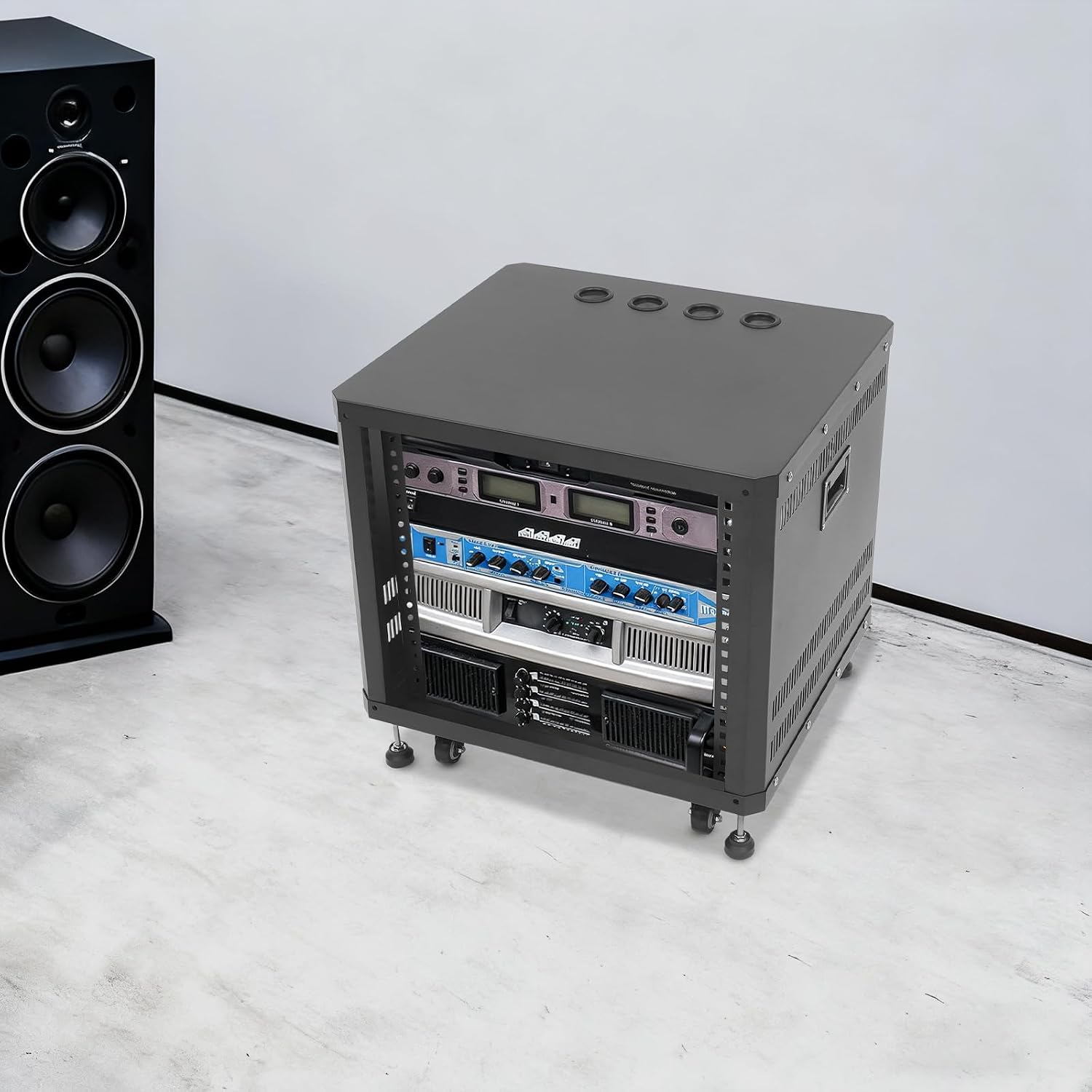 9U Stereo & Studio Rack with Wheels, Open Frame Audio Rack Cabinet, Rolling Network Cabinet, Network Devices Storage Rack Cabinet (Black, 9U)