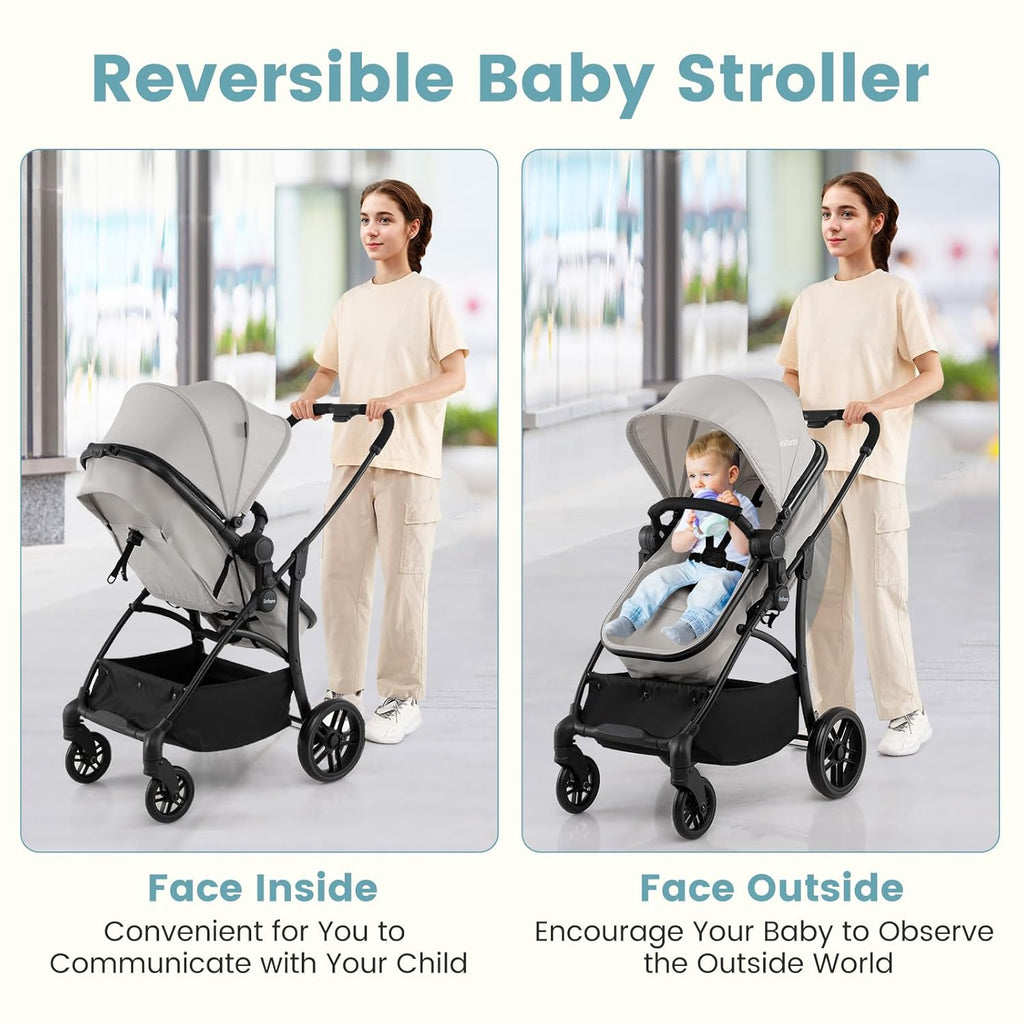 INFANS 2 in 1 Baby Stroller, Convertible Stroller with Bassinet Reversible Seat Adjustable Backrest Canopy One Hand Fold, Compact Toddler Pushchair for Kids Infants Newborns 0-36 Months