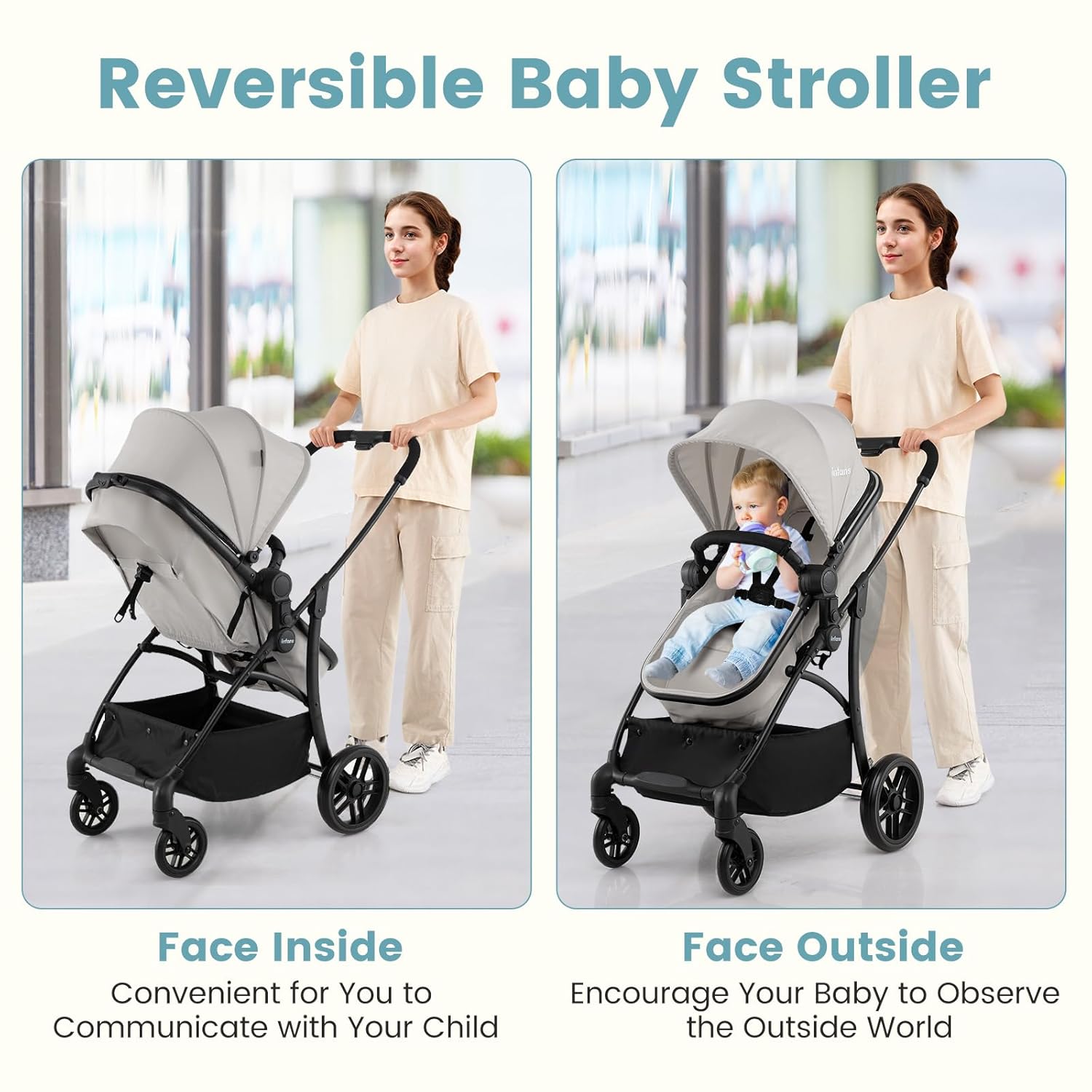 INFANS 2 in 1 Baby Stroller, Convertible Stroller with Bassinet Reversible Seat Adjustable Backrest Canopy One Hand Fold, Compact Toddler Pushchair for Kids Infants Newborns 0-36 Months